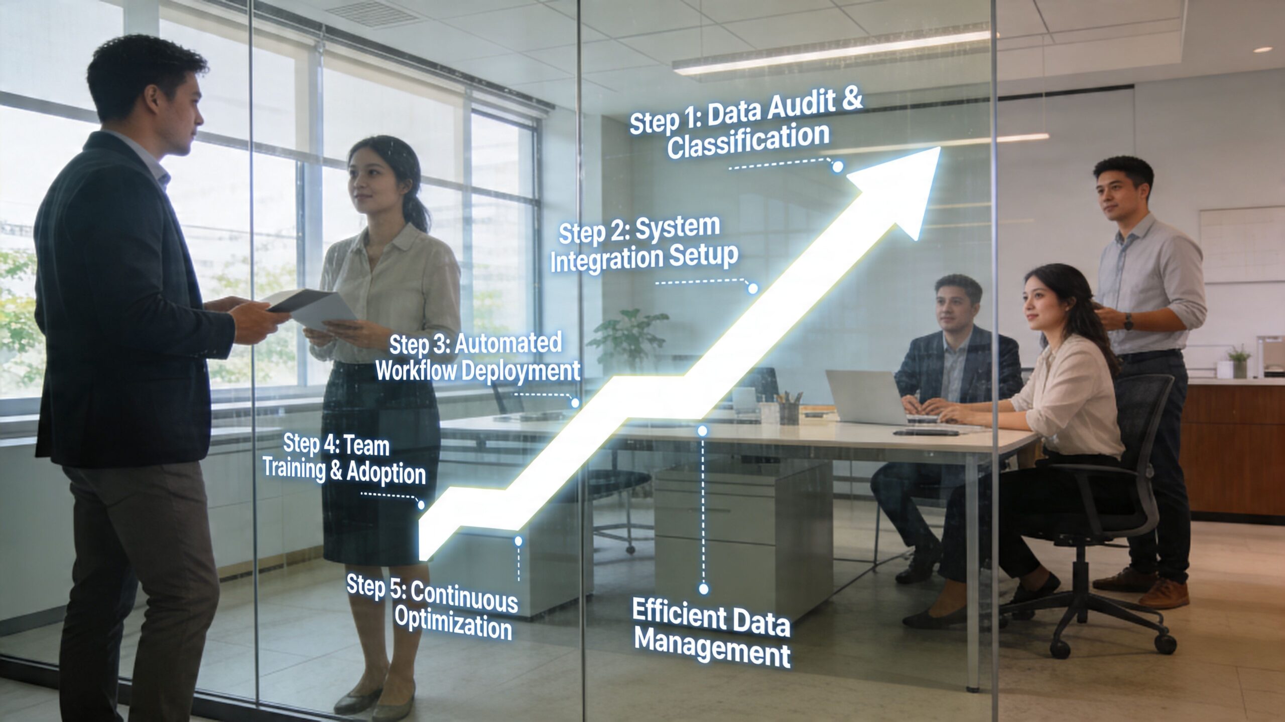 A professional team in an office setting discussing a digital workflow optimization strategy on a glass wall.