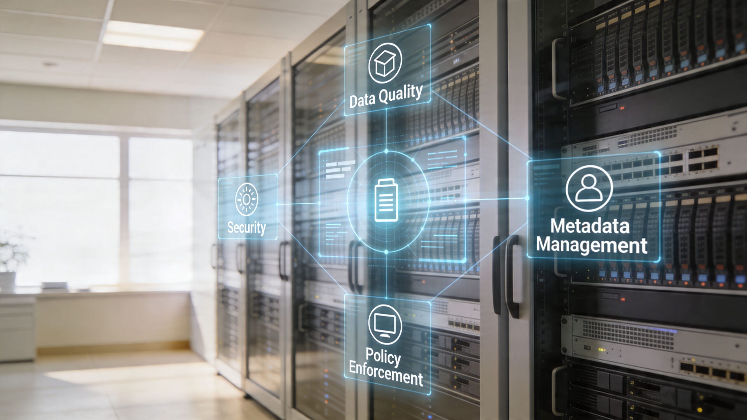 A digital overlay featuring data governance concepts displayed over a rows of server racks in a data center.
