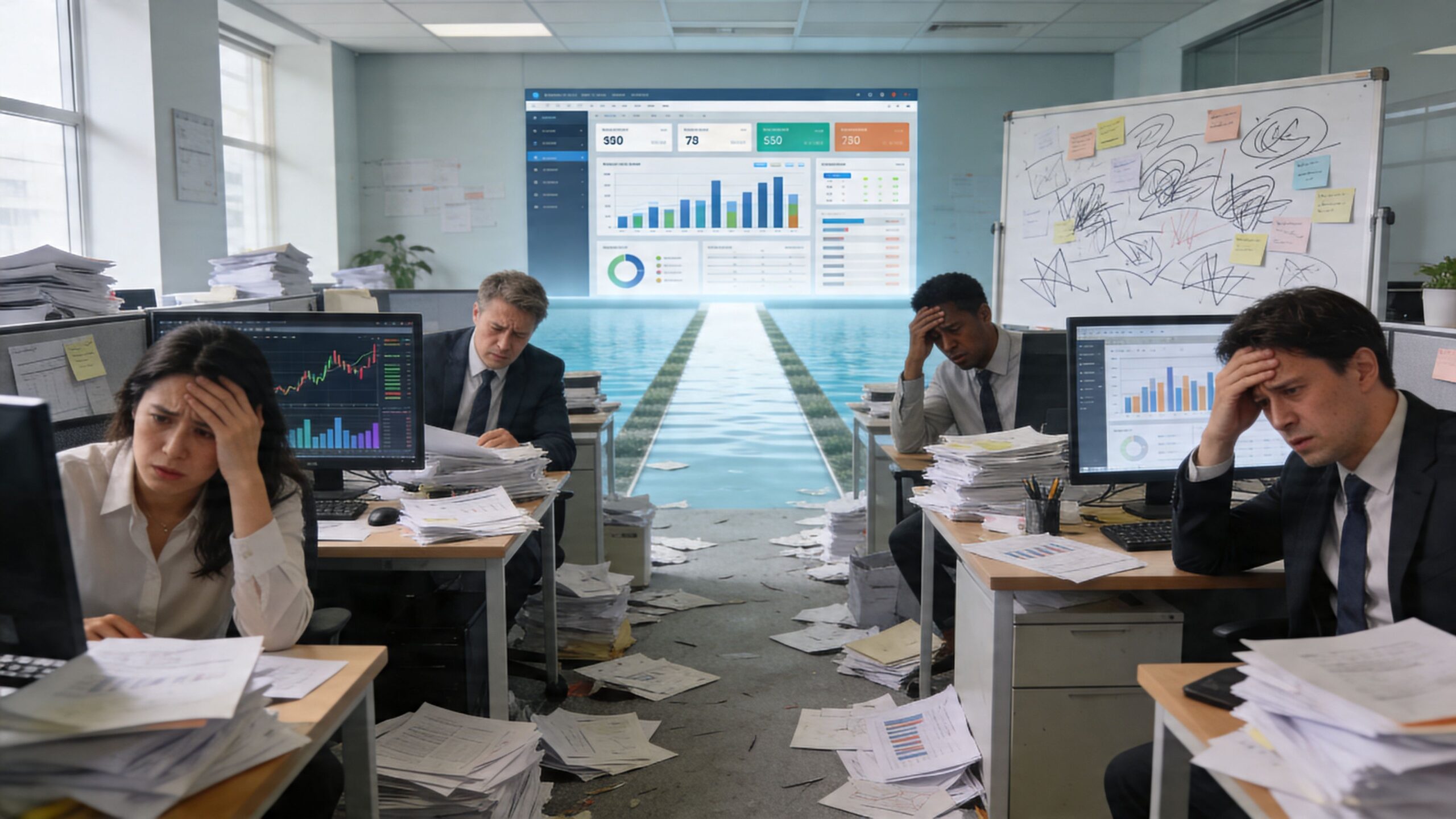 Stressed office workers feeling overwhelmed by piles of paper and data analysis tasks in a modern workspace.