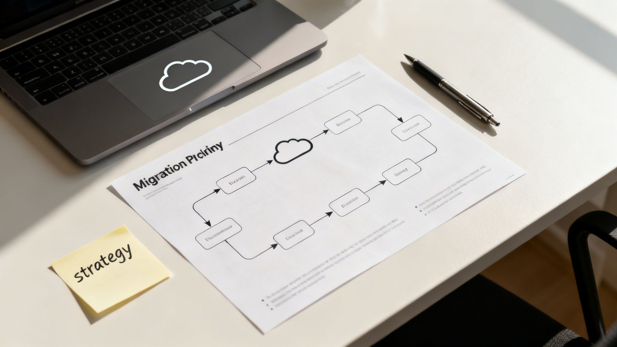 A desk with a laptop, a cloud migration flowchart document, and a 'strategy' sticky note.