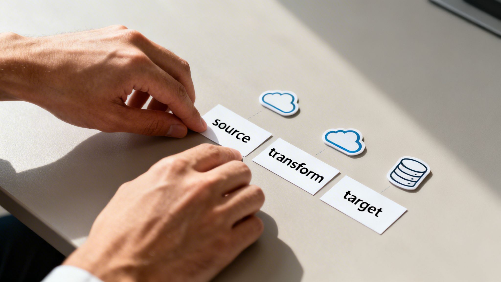 Hands arranging cards labeled 'source,' 'transform,' 'target' with cloud and database icons, illustrating data migration.