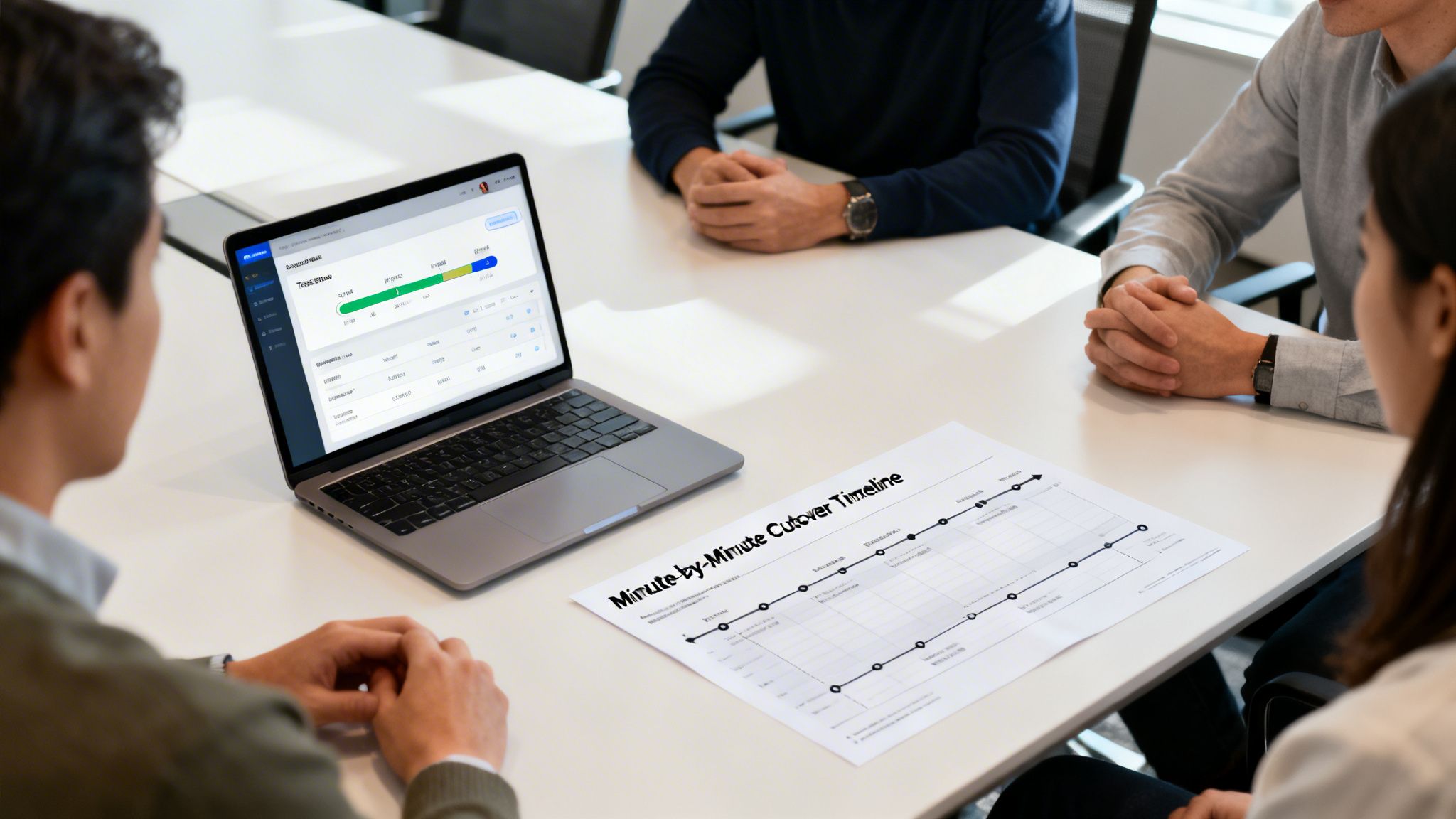 People in a meeting reviewing a laptop dashboard with data and a project cutover timeline document.
