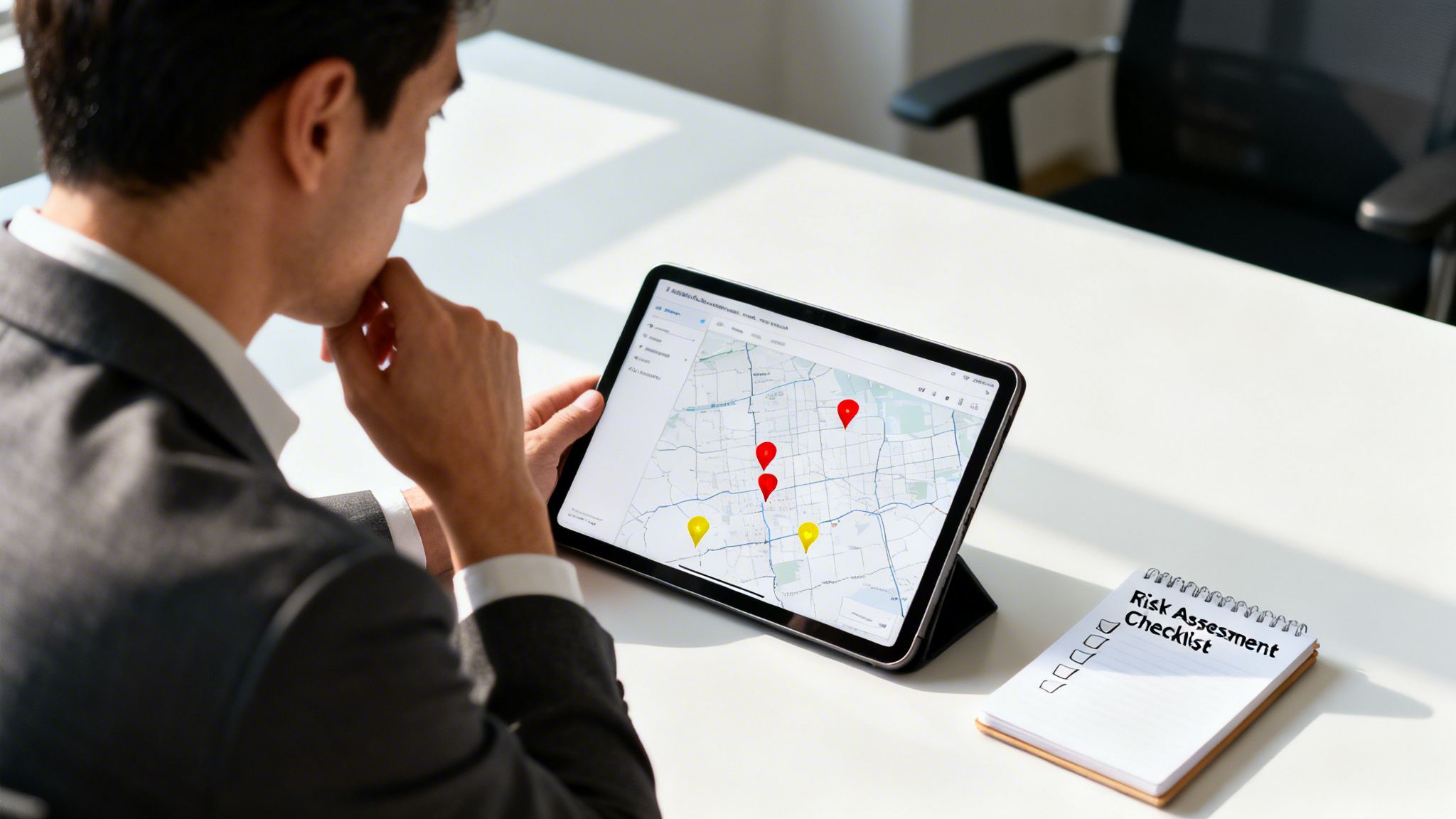 A person in a suit analyzes a digital map on a tablet showing locations, with a risk assessment checklist.