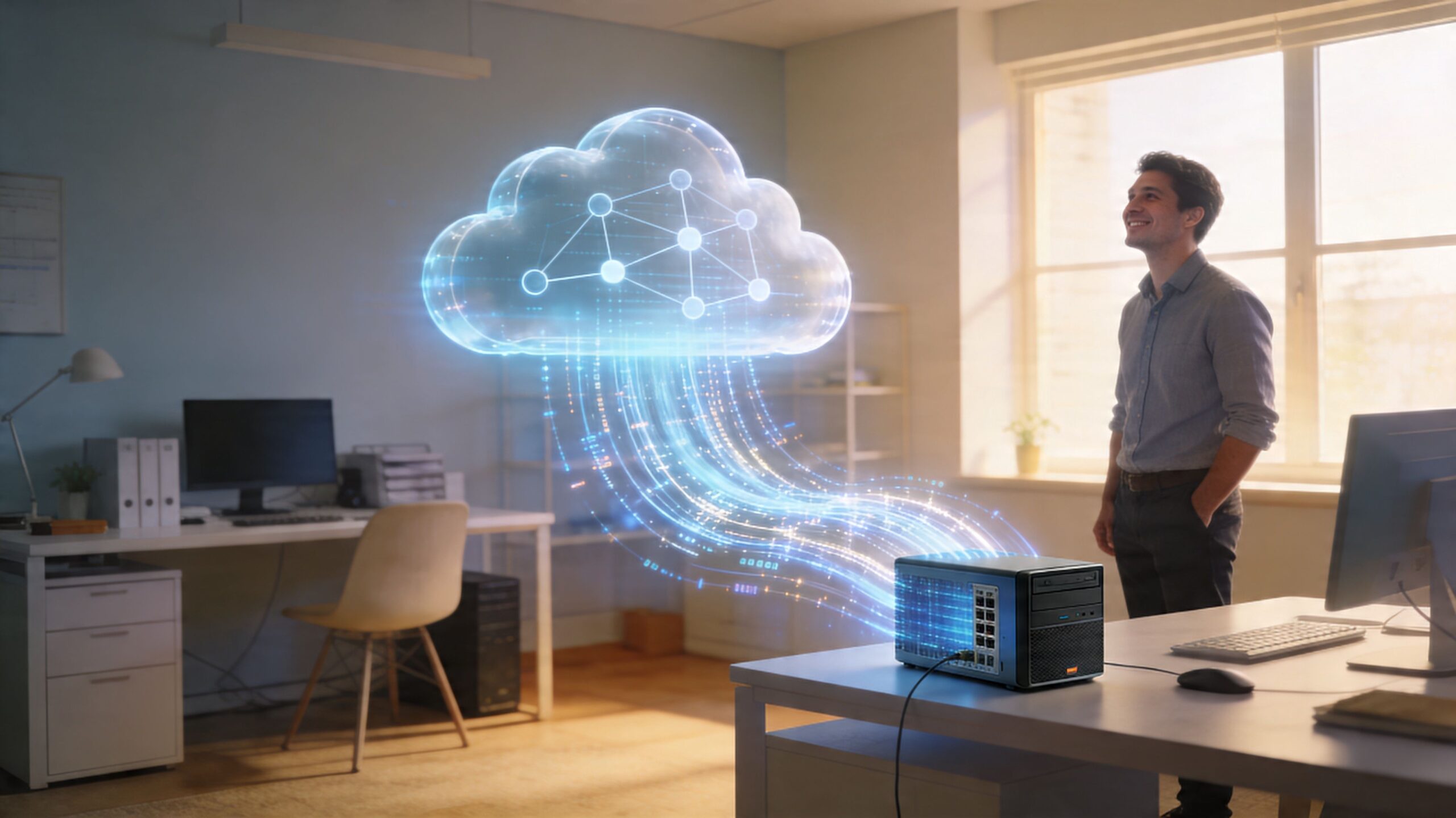 A smiling IT professional stands in a modern office watching a digital cloud data stream into a server.