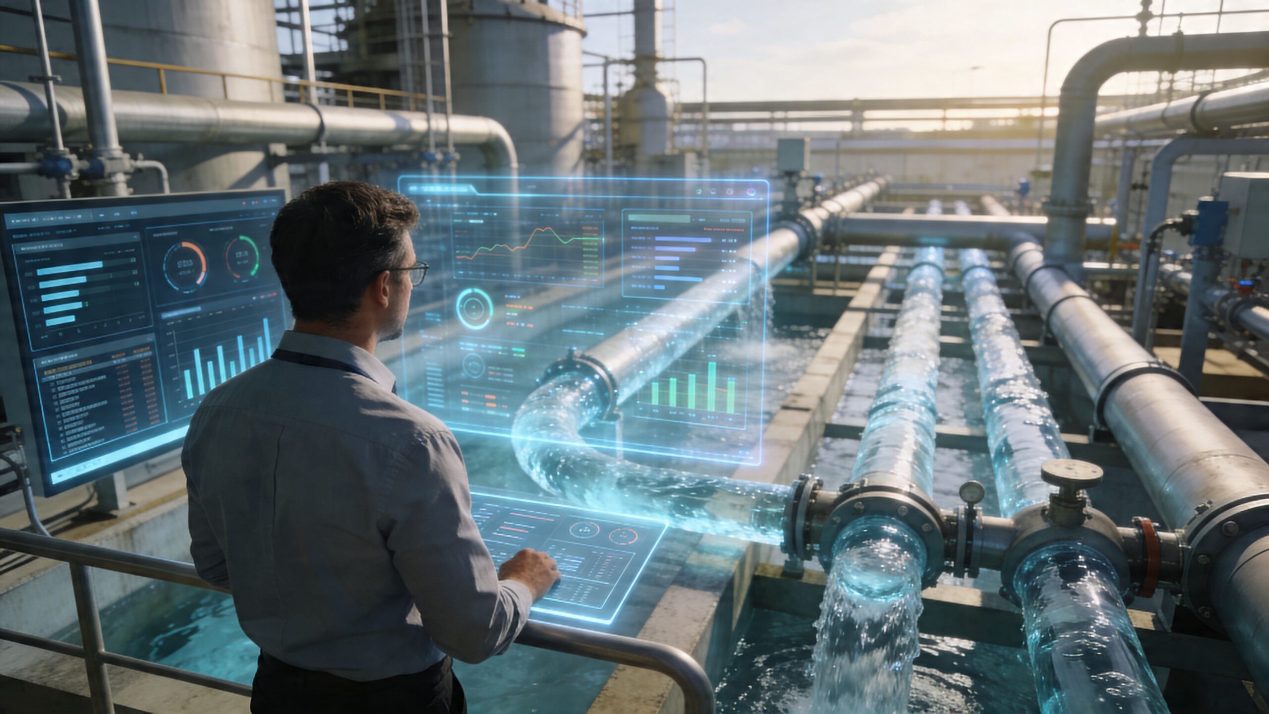 A professional analyst monitors real-time industrial data using advanced holographic displays at a water treatment facility.