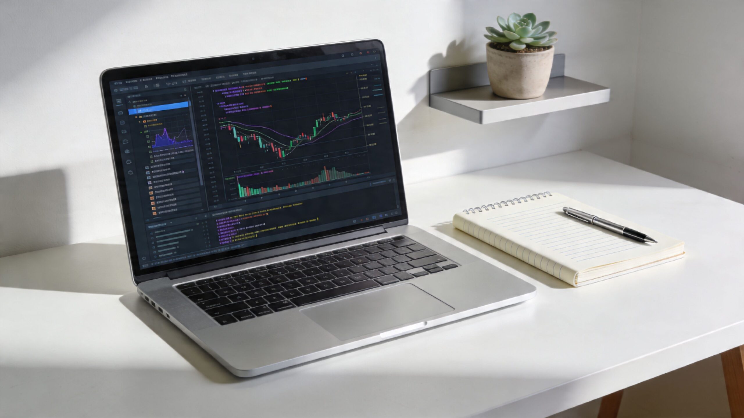 A modern silver laptop displaying stock market charts on a clean white desk with a notepad.
