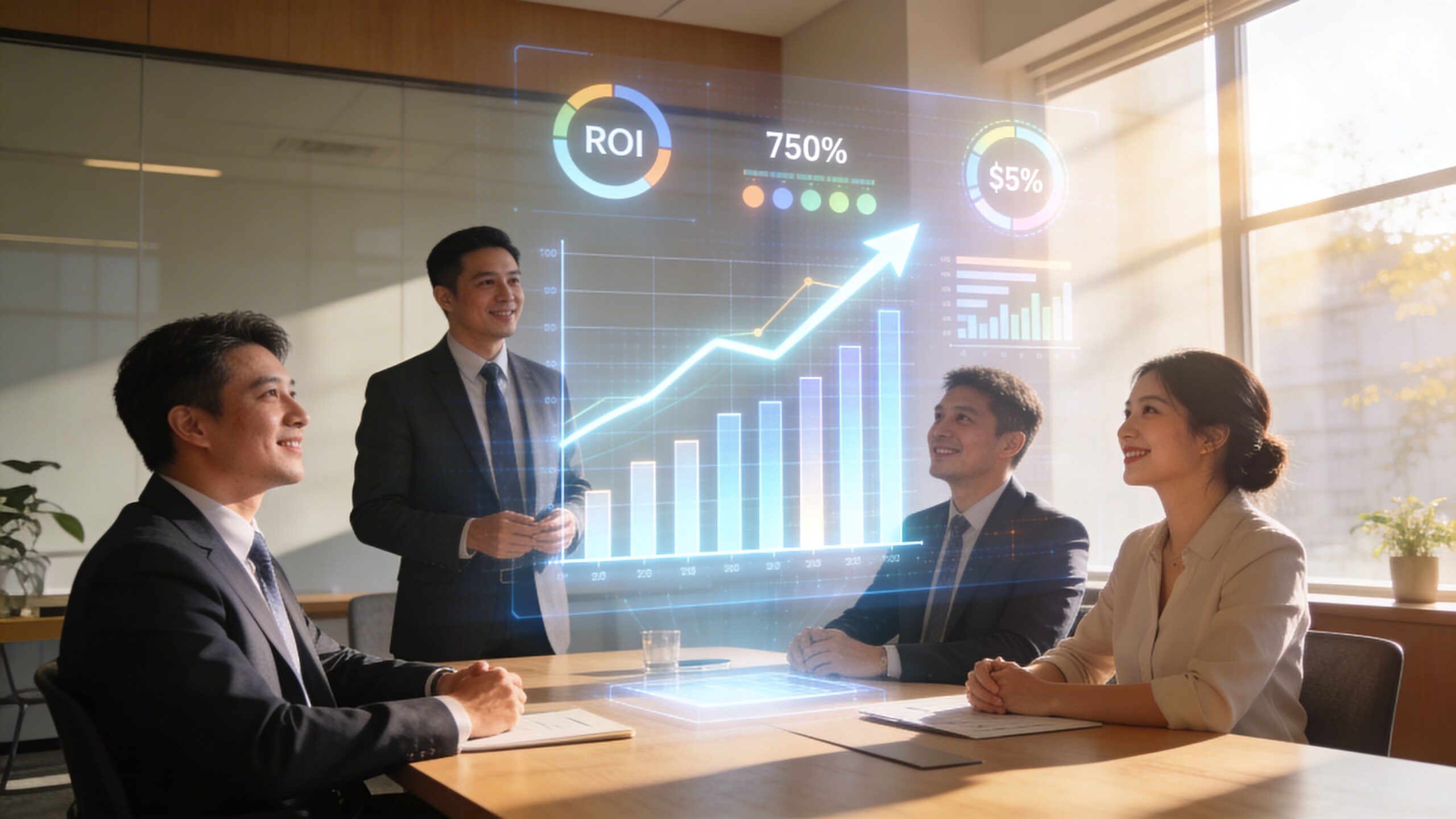 A professional business team viewing a digital holographic chart displaying growth and ROI in a sunlit office.