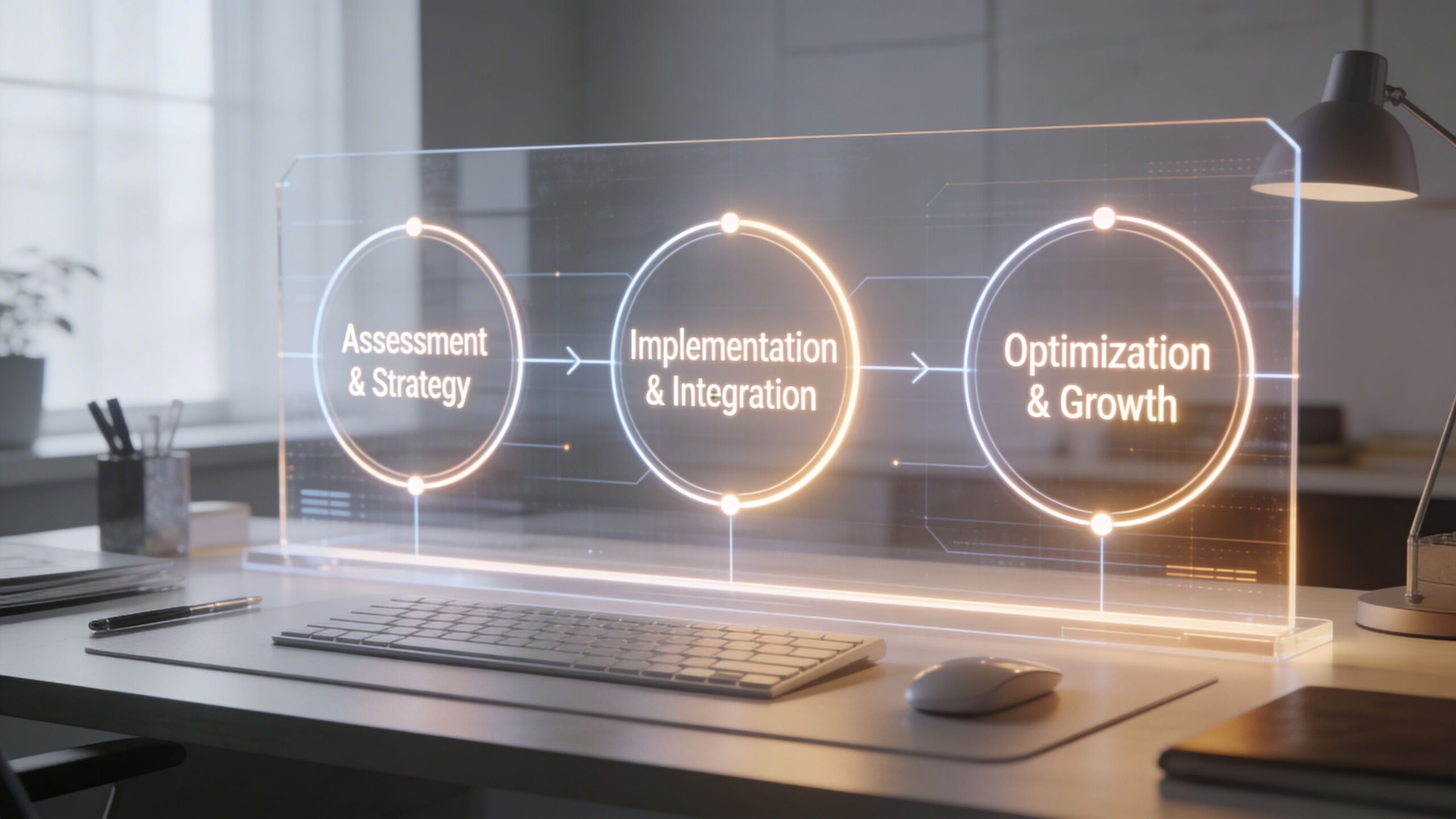 A digital graphic showing a business workflow process with three stages: assessment, implementation, and optimization, on a desk.