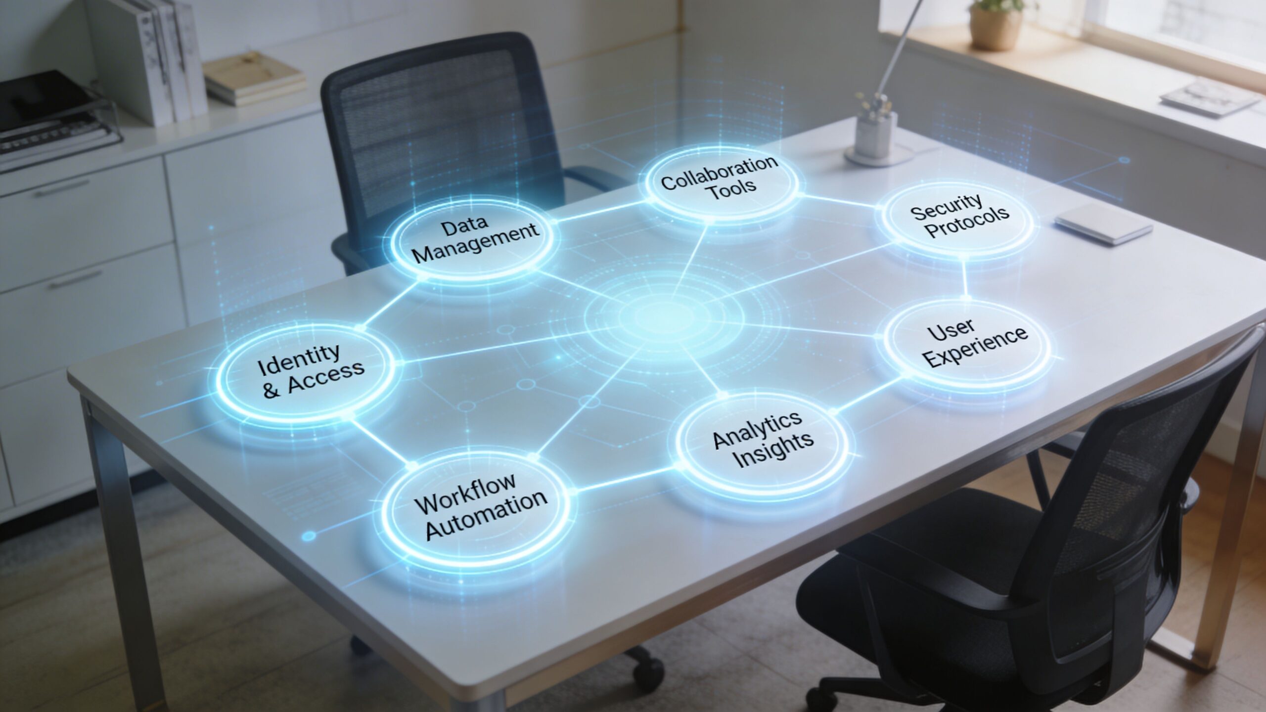 A digital interface featuring connected hubs for workflow automation, data management, and security protocols in an office.