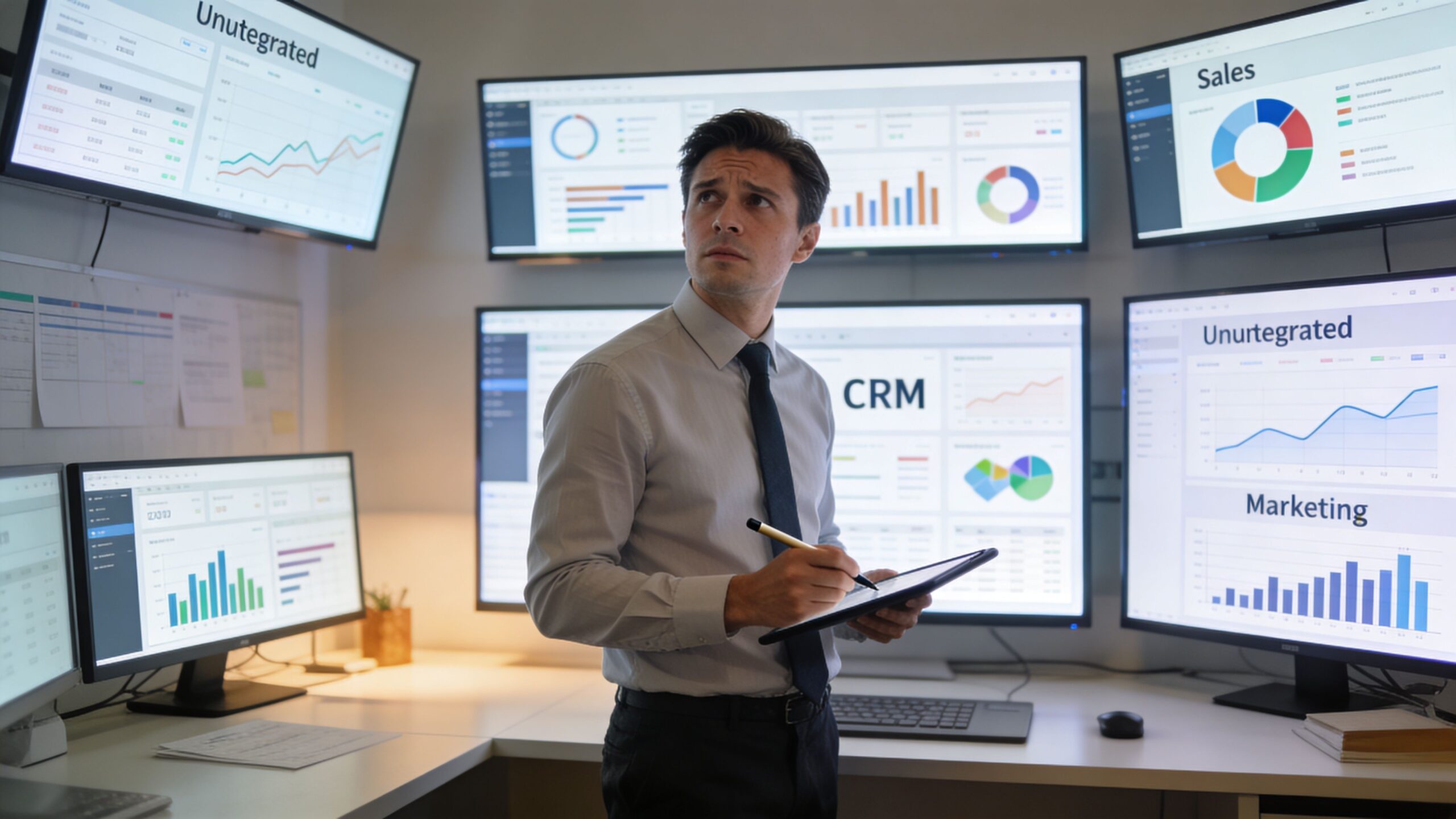 A professional analyst reviewing data on multiple computer monitors in a modern high-tech office workspace.