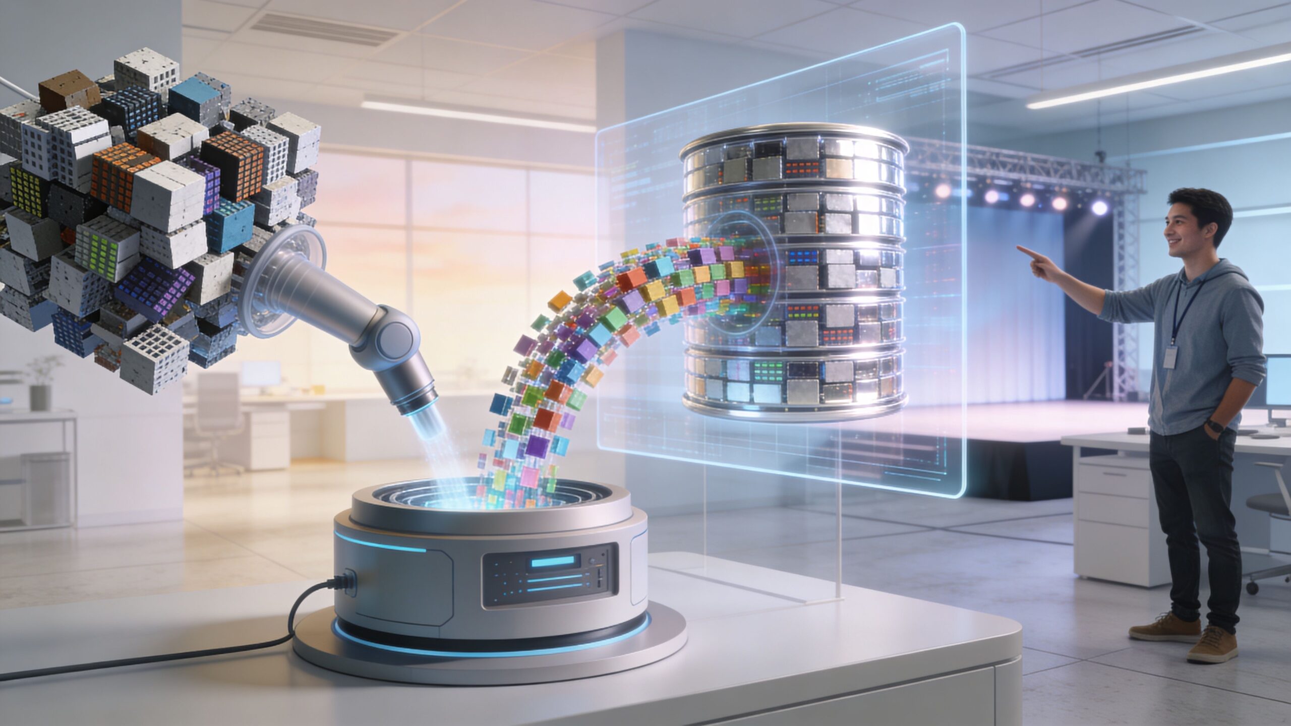 A digital artist pointing at a holographic data visualization of cubes being processed into a server.