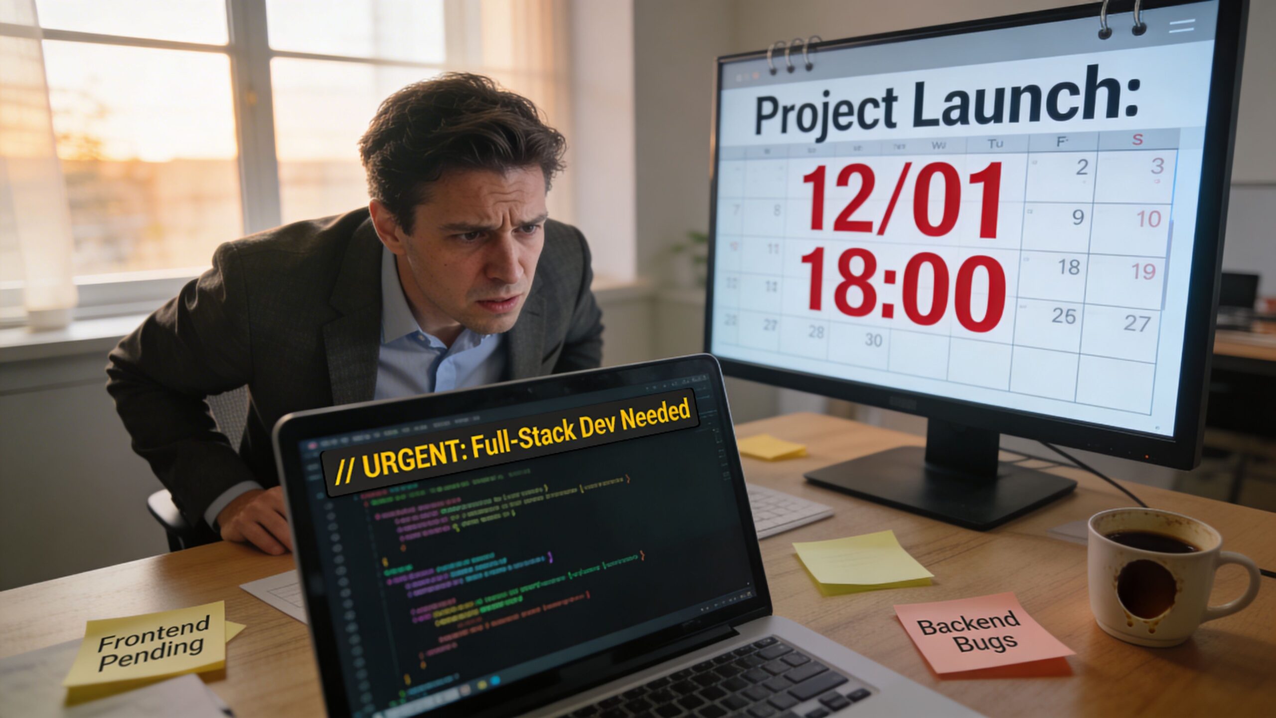A concerned businessman stares intensely at his laptop screen while a large monitor displays a project countdown.