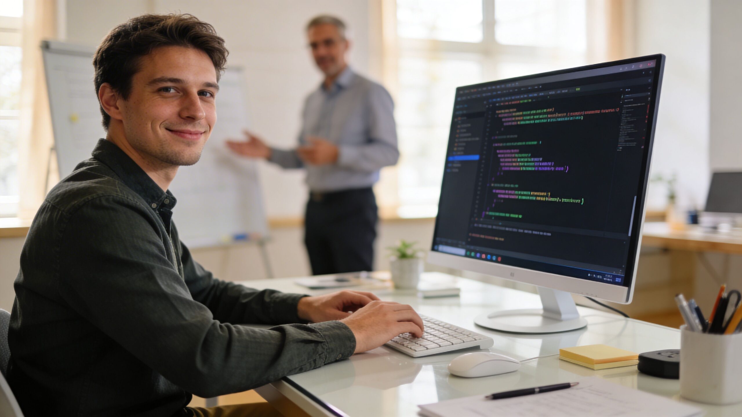 A young male full stack developer working on code in a bright, modern office with a colleague.
