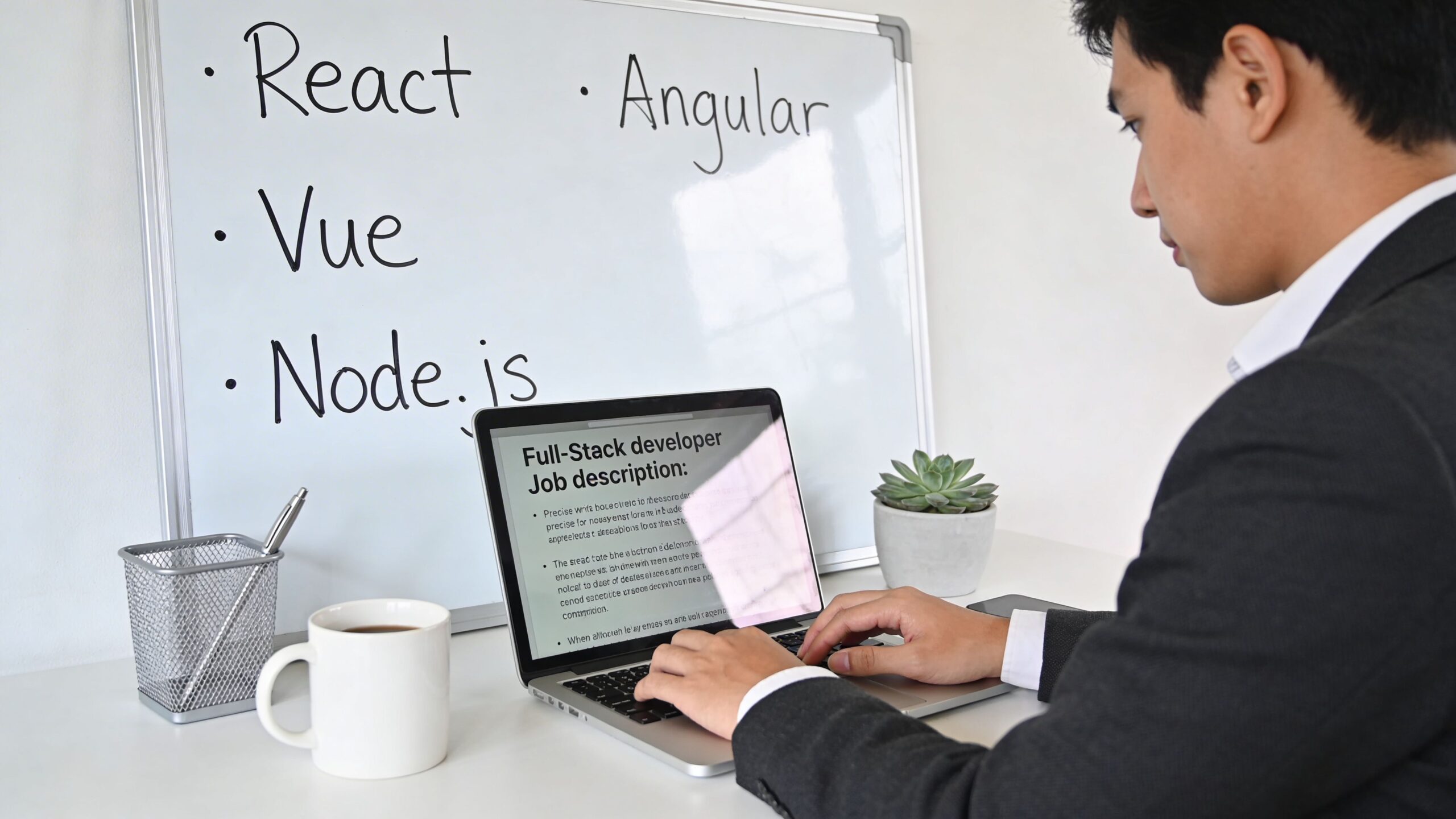 A professional developer in a suit working on a job description for a full-stack position at a desk.
