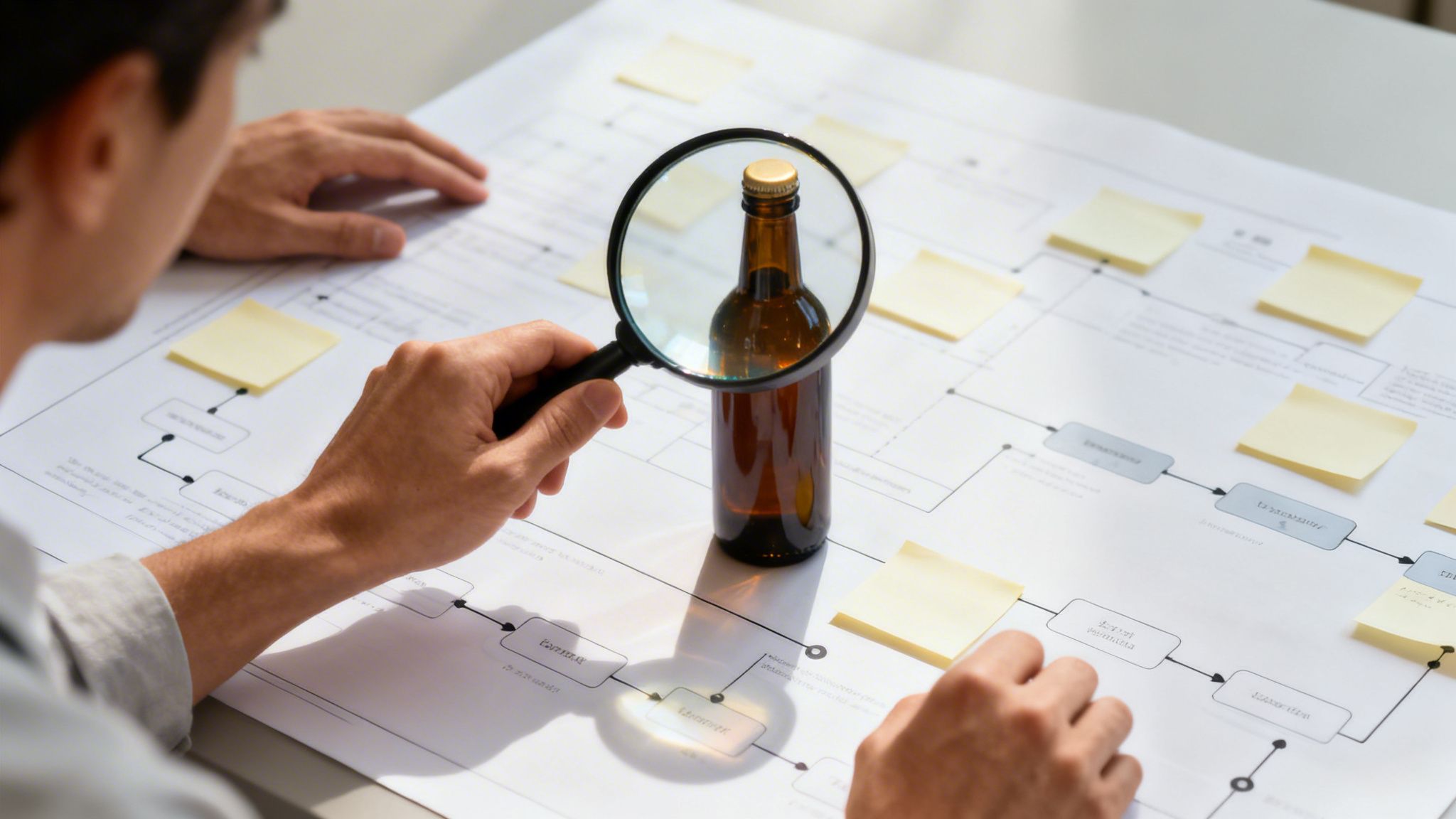 Person examining a brown beer bottle with a magnifying glass on a workflow document with sticky notes.