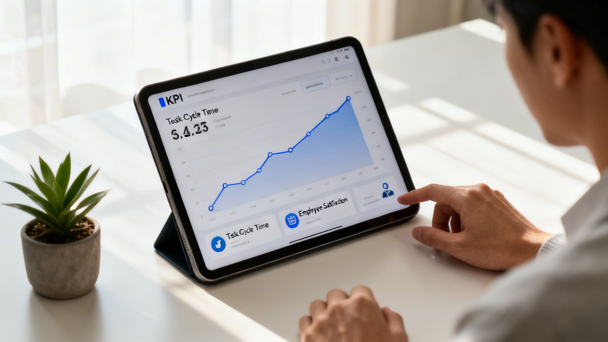 A person reviews a digital dashboard displaying 'Task Cycle Time' and 'Employee Satisfaction' metrics on a tablet.