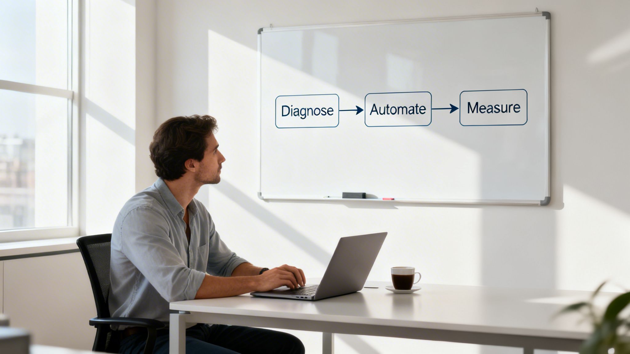 Man in an office looking at a whiteboard with a workflow diagram: Diagnose, Automate, Measure.