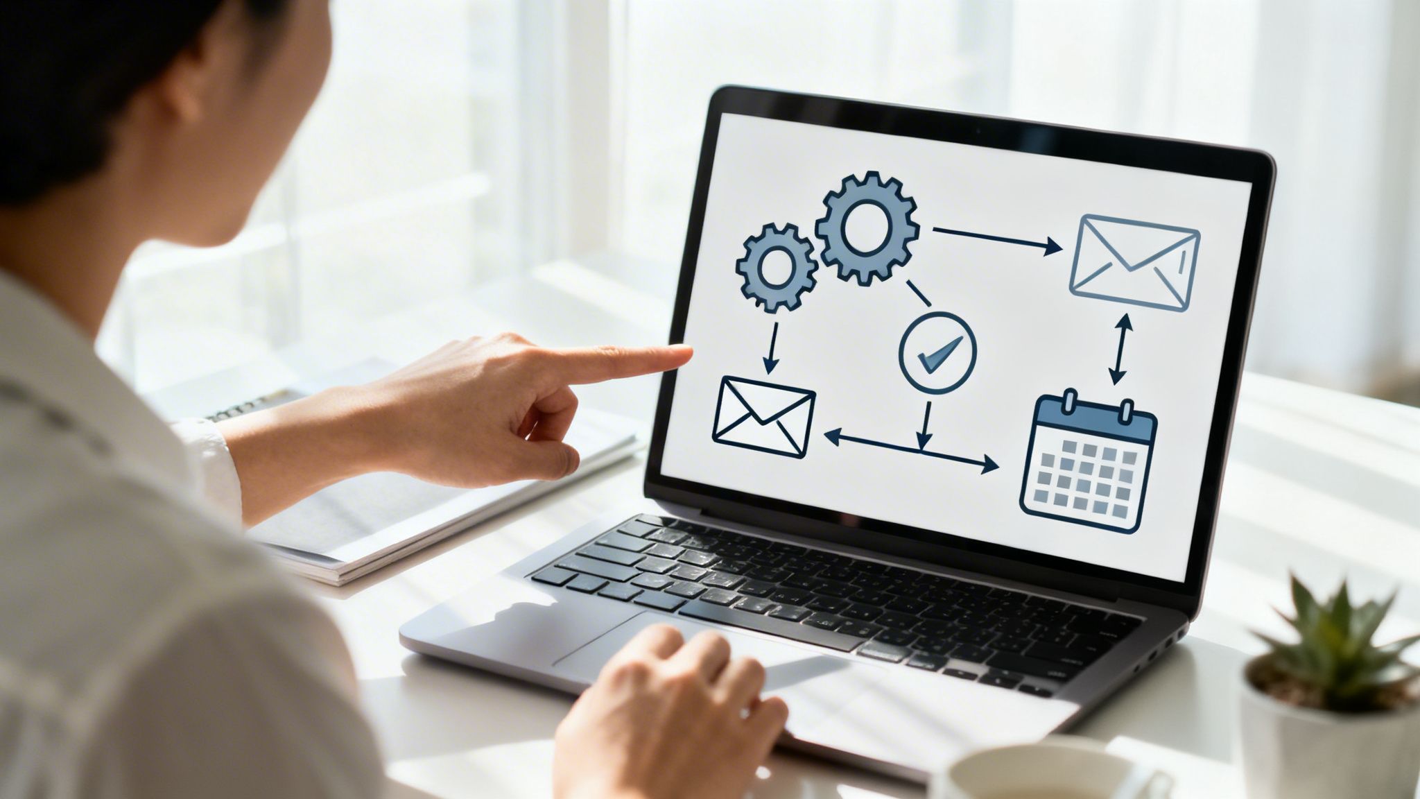 Person pointing at a laptop screen displaying a digital workflow diagram with gears, emails, and a calendar.