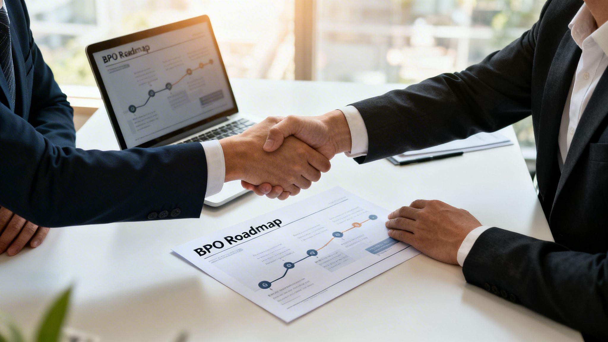 Two businessmen shaking hands at a desk with a laptop and 'BPO Roadmap' documents visible.