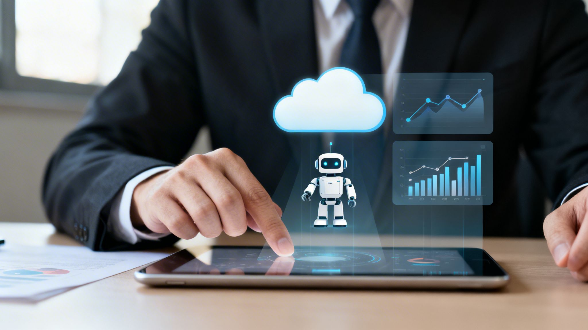 Businessman interacts with a tablet showing AI robot, cloud computing, and data analytics graphs.