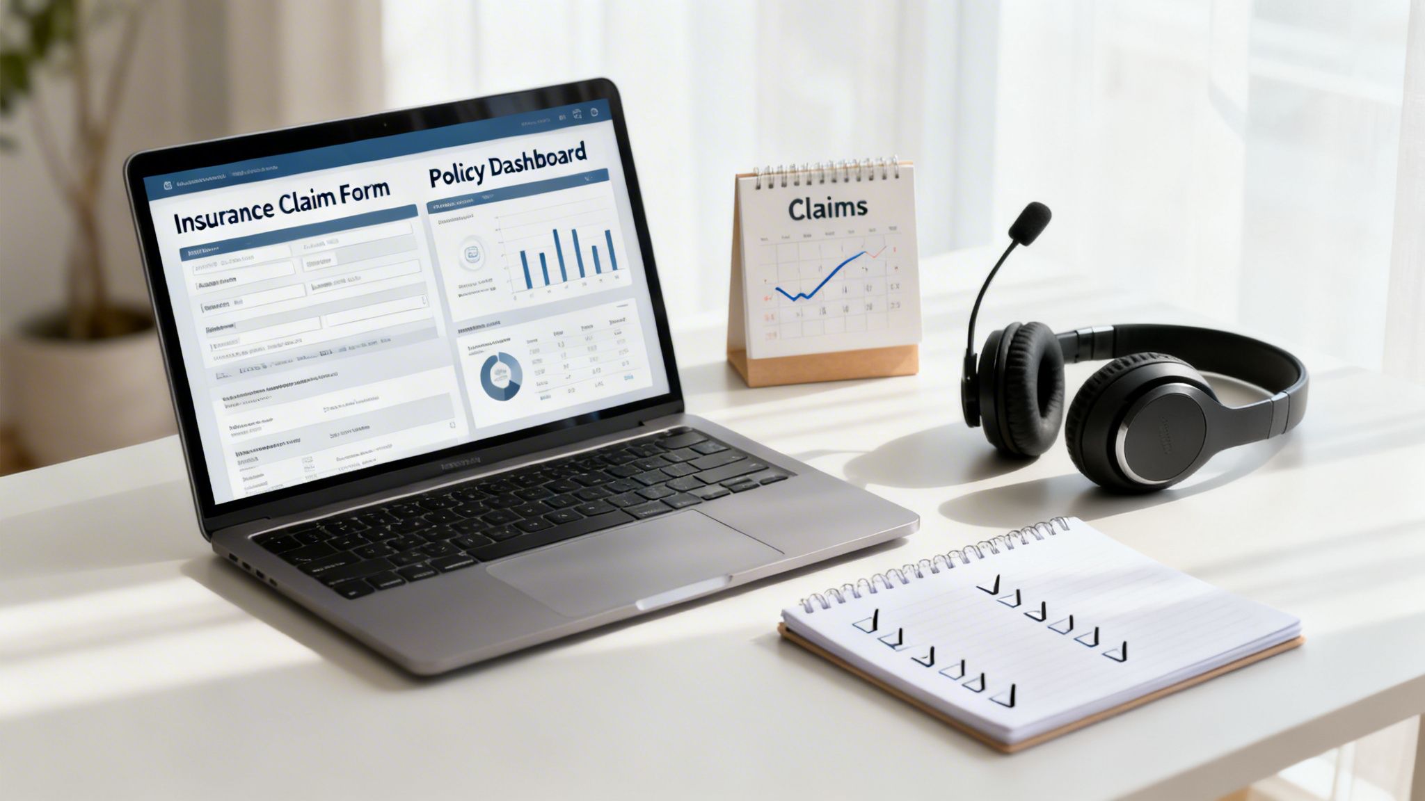 Laptop displaying insurance claim form and policy dashboard, with a claims calendar and headphones on a desk.