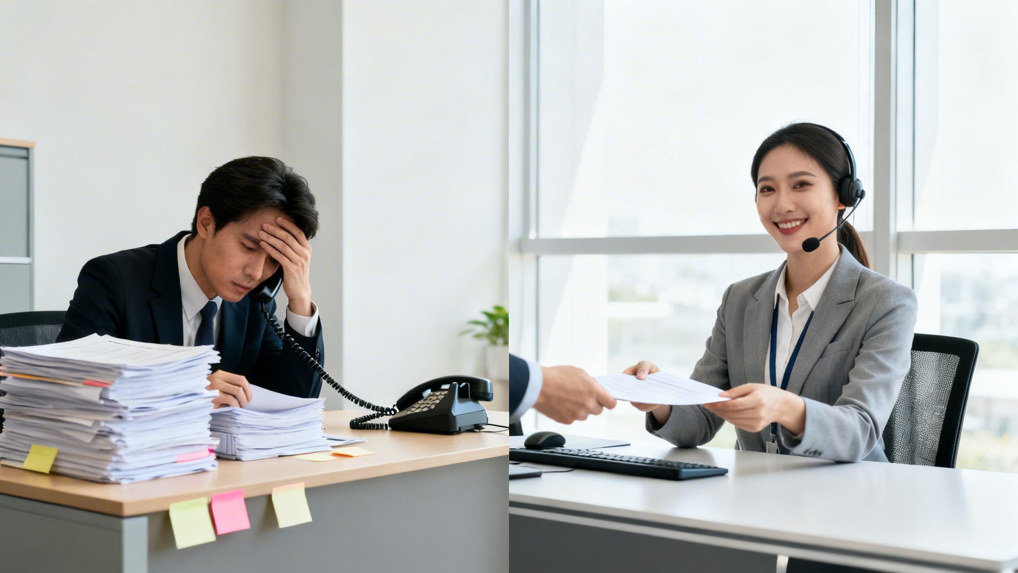 Contrasting images of a stressed businessman and a happy call center agent receiving documents.