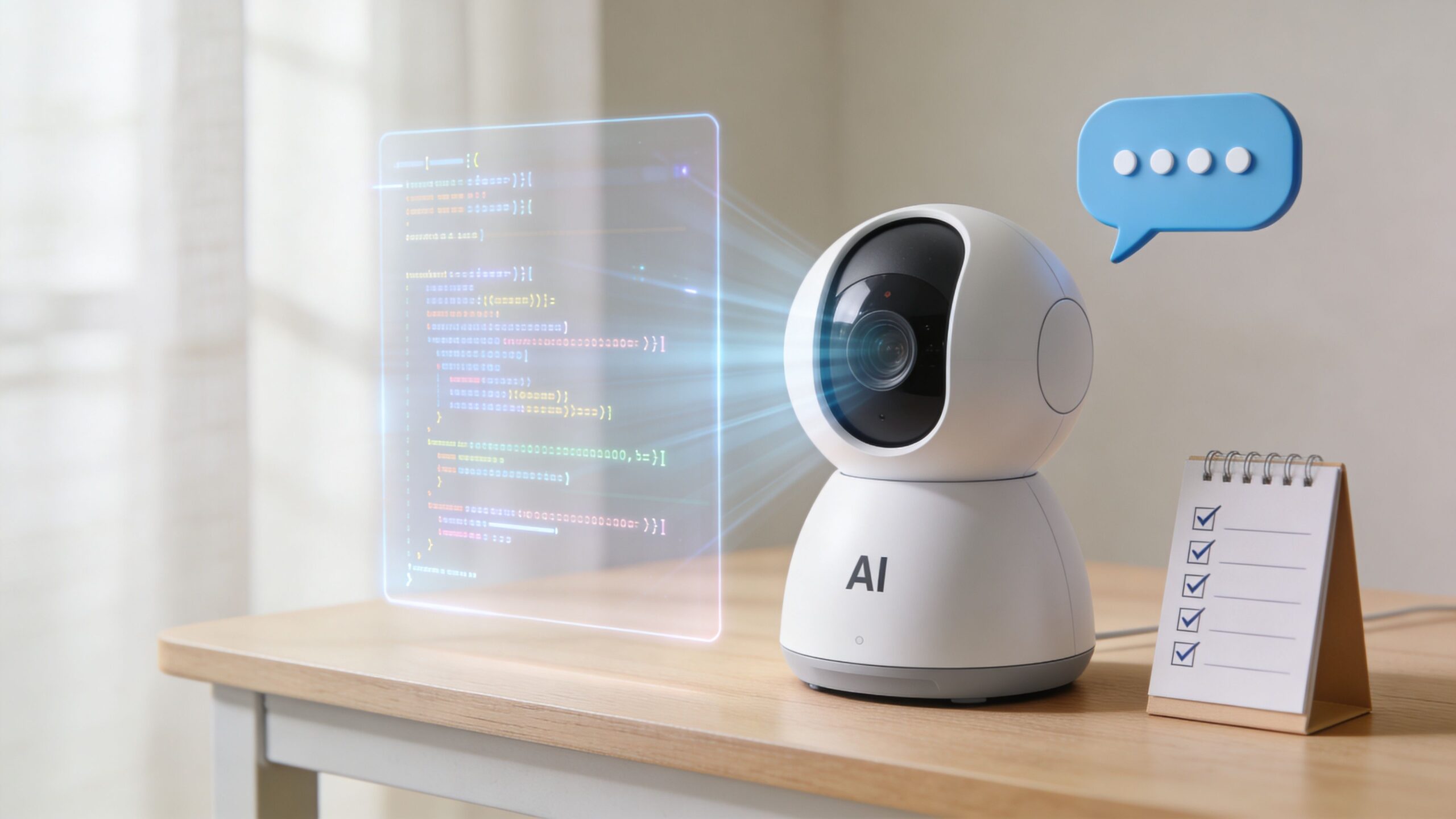 A smart AI-powered home security camera displays programming code on a screen next to a checklist notebook.