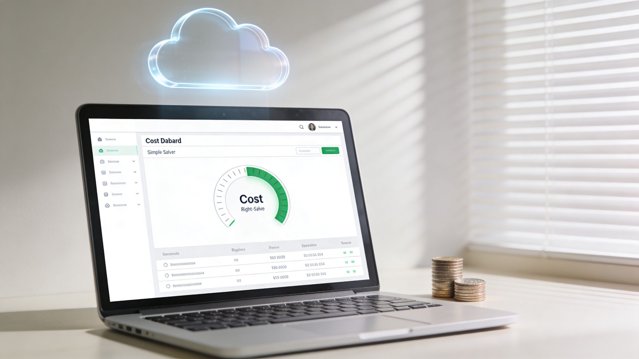 A laptop displaying cost optimization dashboard metrics next to stacks of gold coins on a desk.