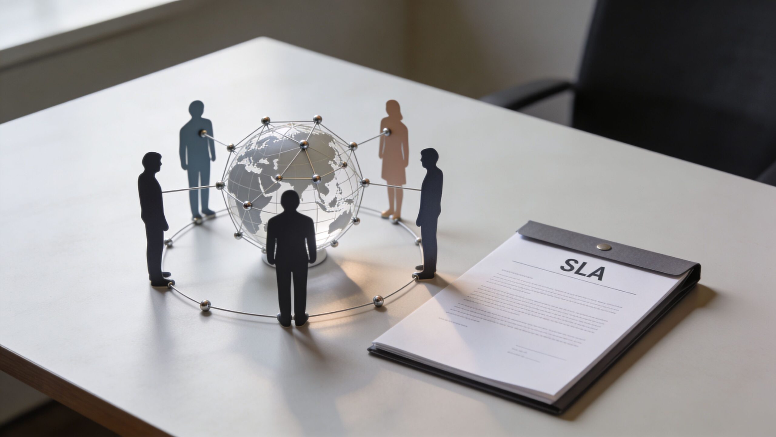 A miniature model of the earth surrounded by paper human figures next to a document labeled SLA
