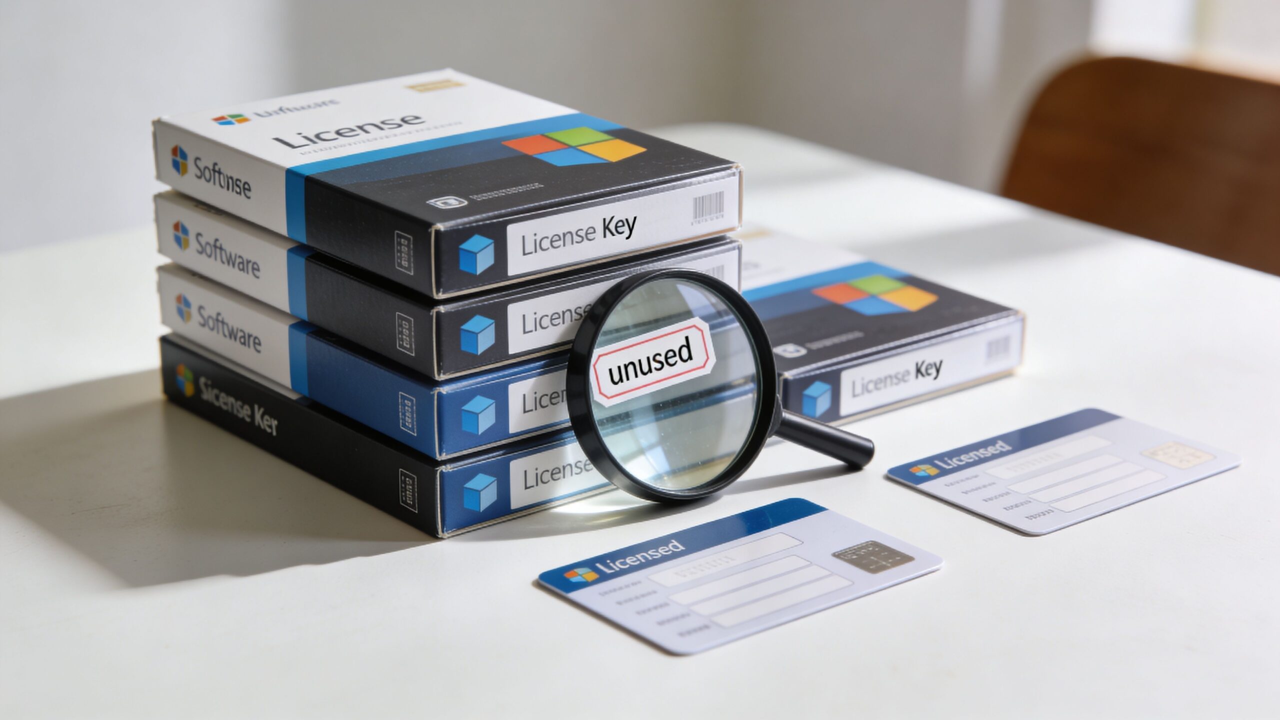 A stack of software license boxes with a magnifying glass held over an unused label next to license cards.