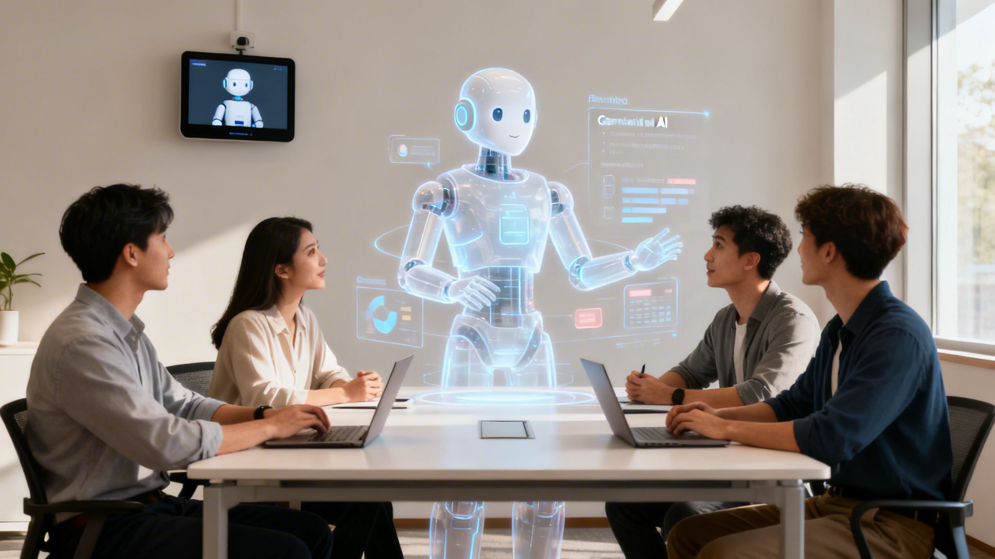 Four young professionals in a modern office collaborating with a holographic AI robot presentation.