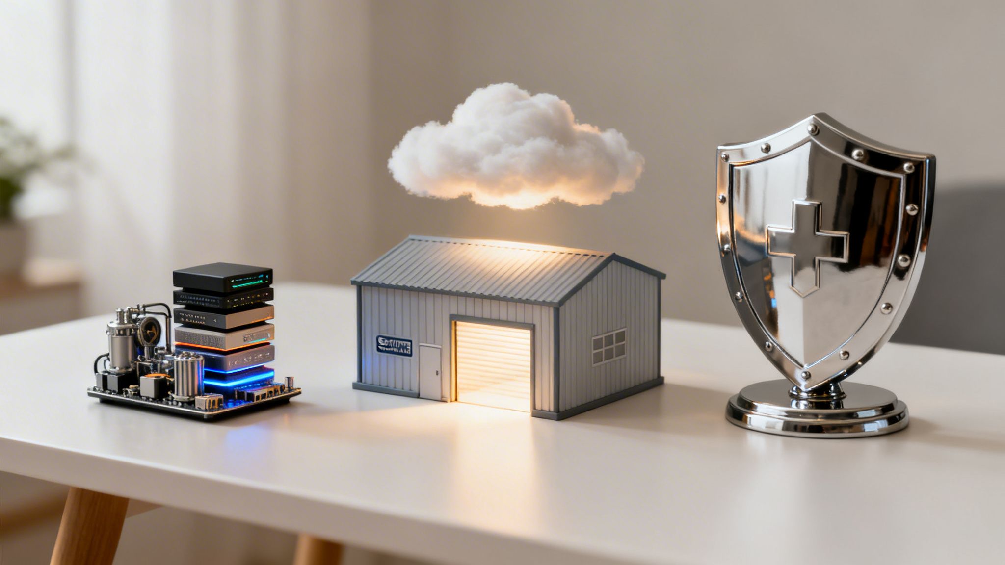 Miniature IT infrastructure, a cloud-enabled data center, and a security shield on a table.