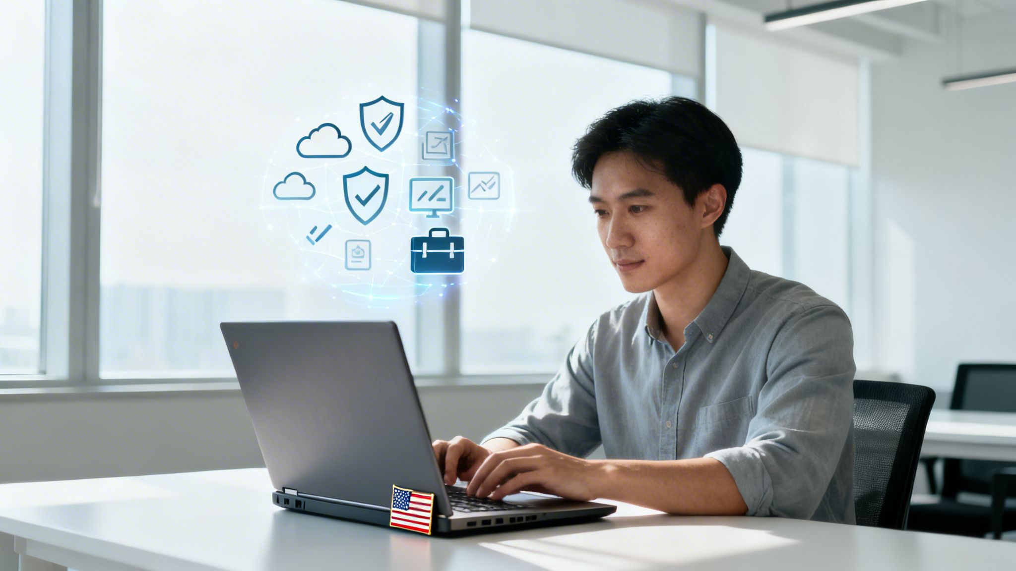 A young man works on a laptop with holographic data security and cloud computing icons.