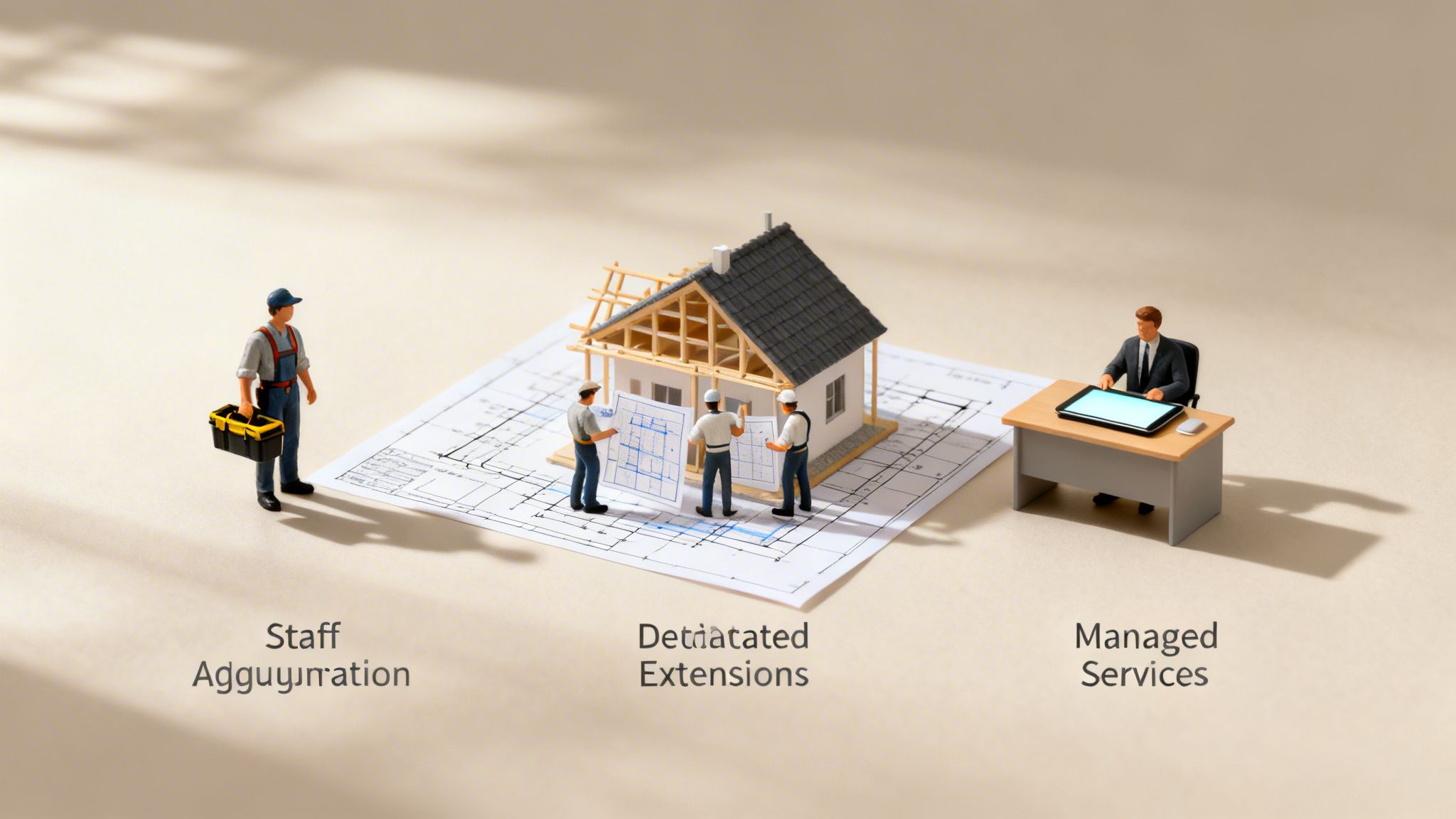 Miniature figures illustrating three IT service models: staff augmentation, dedicated extensions, and managed services.
