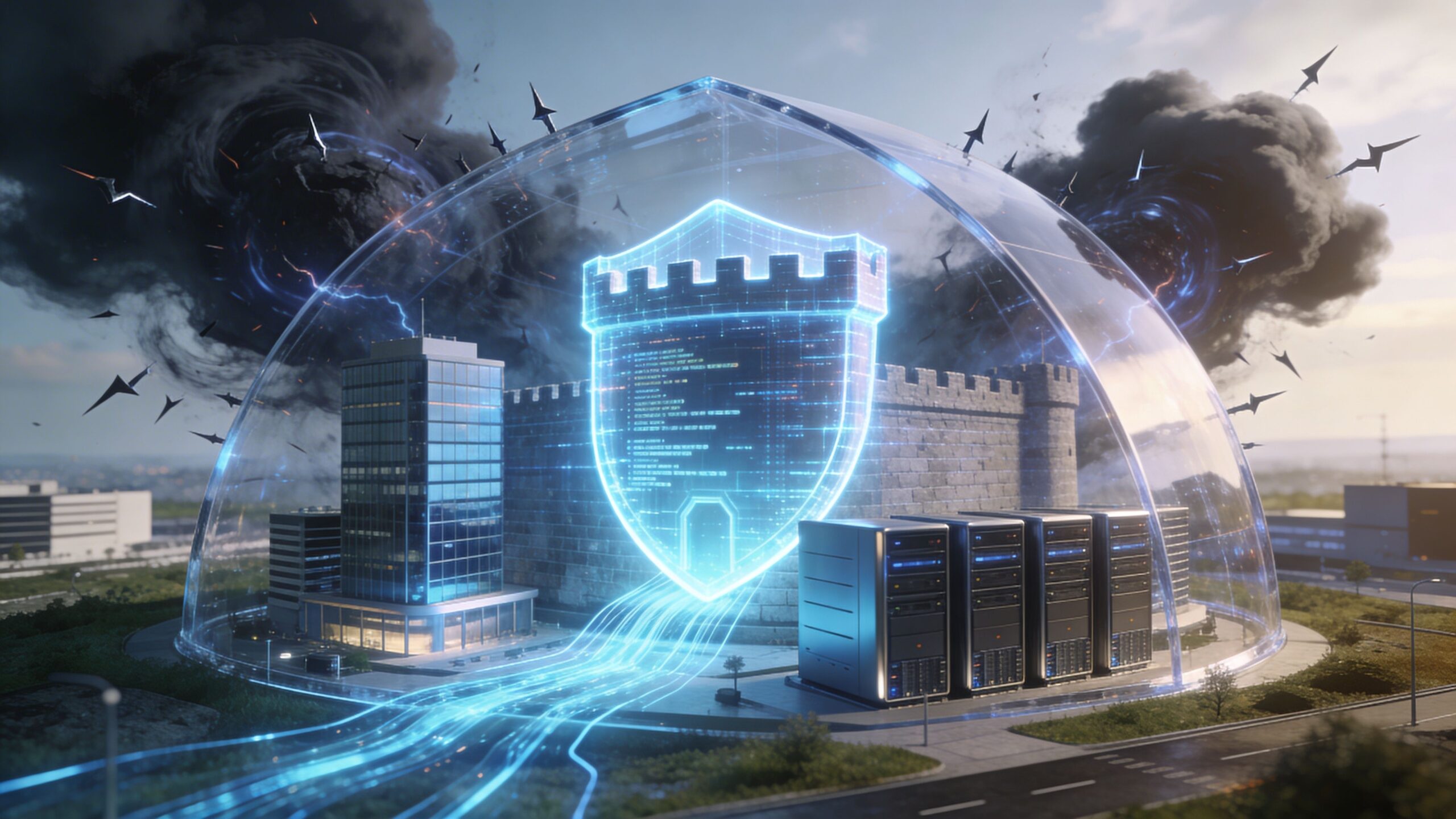 A digital shield protecting a data center and corporate building from a dark storm of cyber threats.