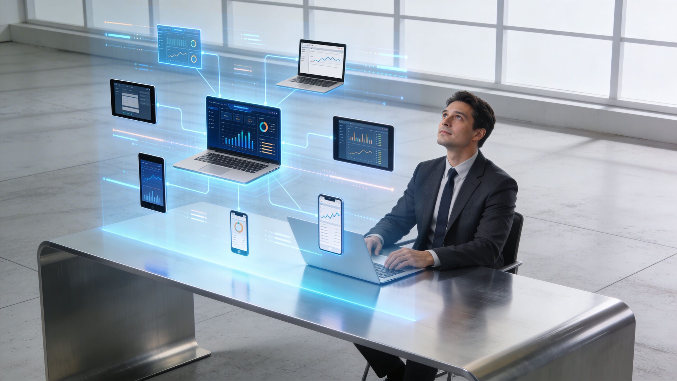 A professional man sitting at a desk interacting with digital holographic displays connected to various business devices.