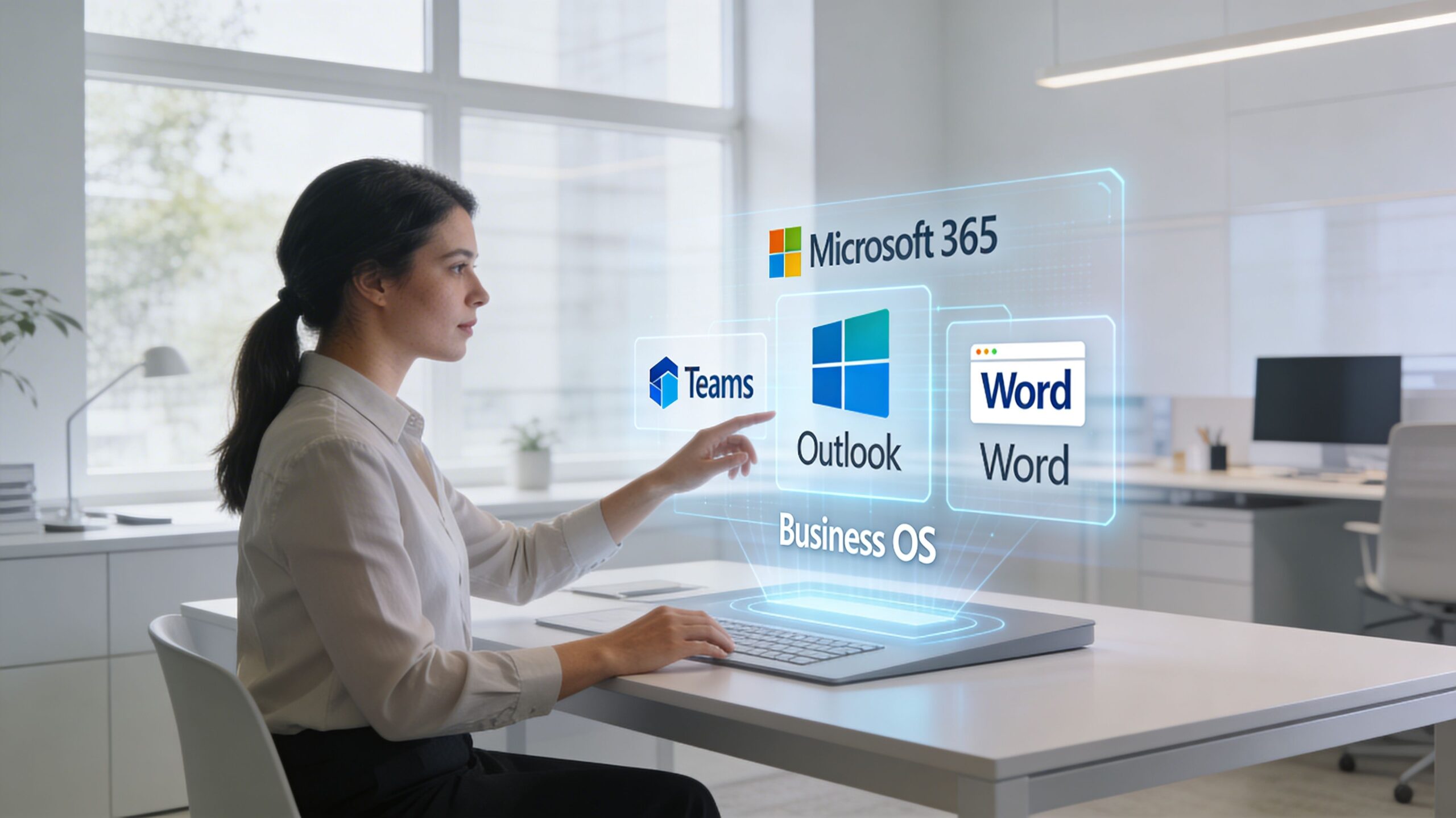 A professional woman interacting with a holographic display showing Microsoft 365 apps and business software.
