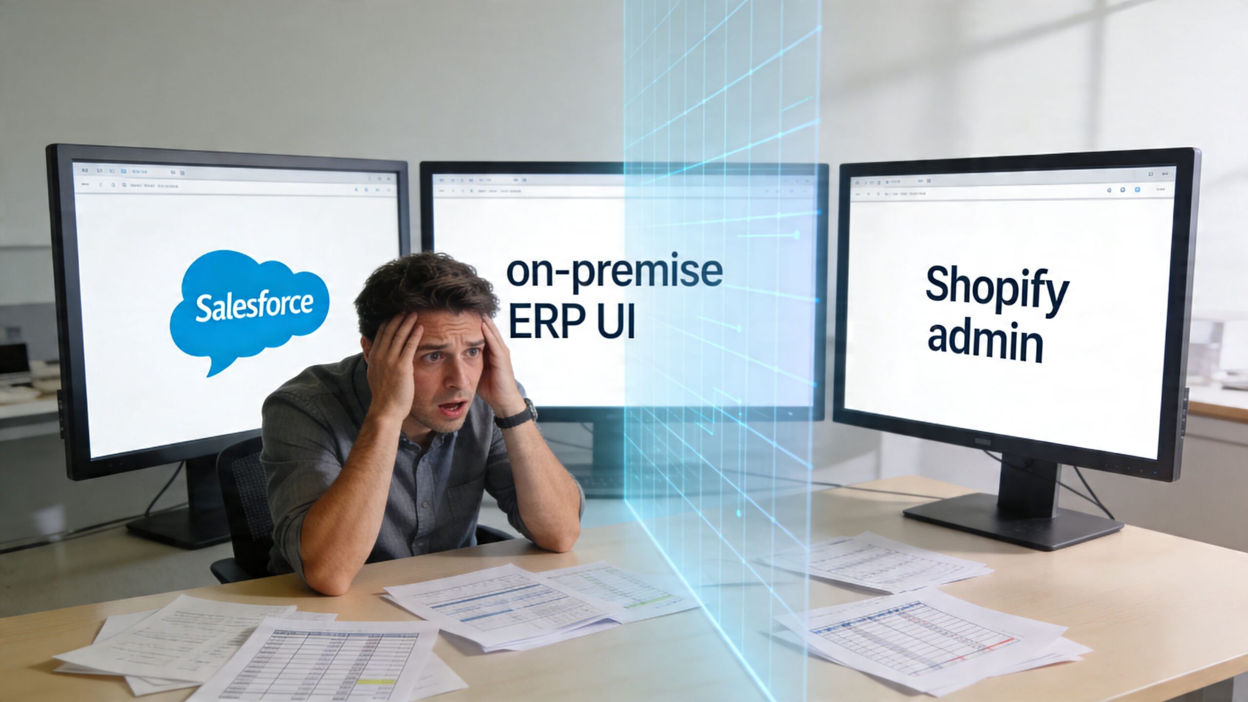 A stressed man sitting at a desk with three monitors showing Salesforce, ERP UI, and Shopify.
