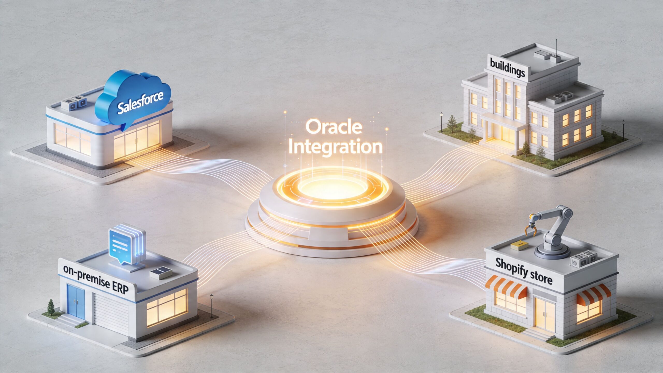 A central Oracle Integration hub connecting Salesforce, on-premise ERP, building data, and a Shopify store digitally.