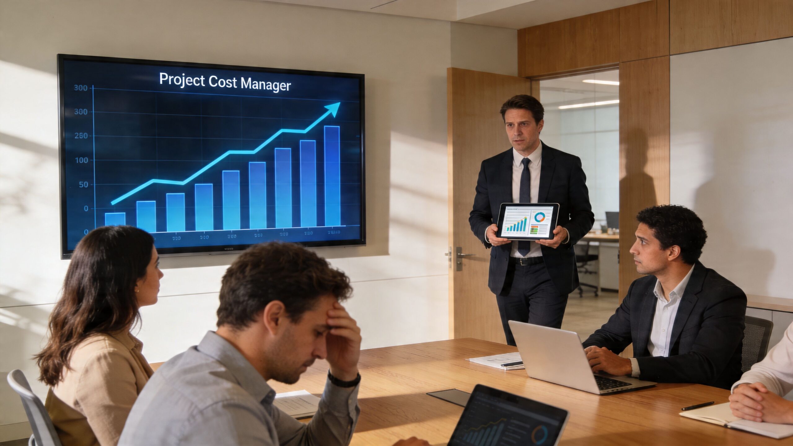 A professional business meeting with a presenter showing a project cost chart on a tablet to colleagues.