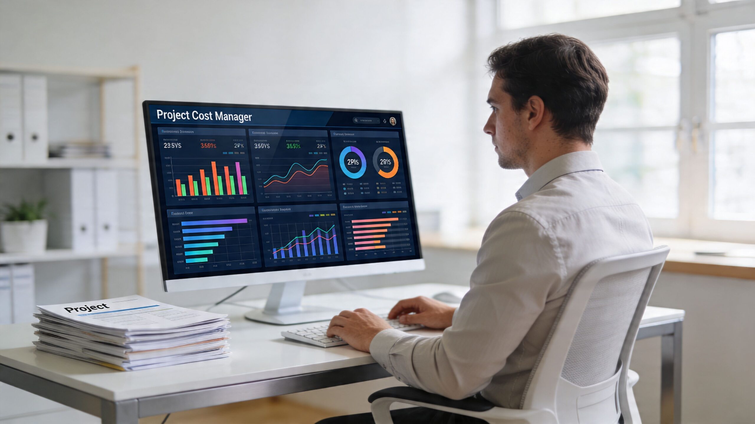 A professional man sitting at a desk and analyzing complex financial charts on a large computer monitor.