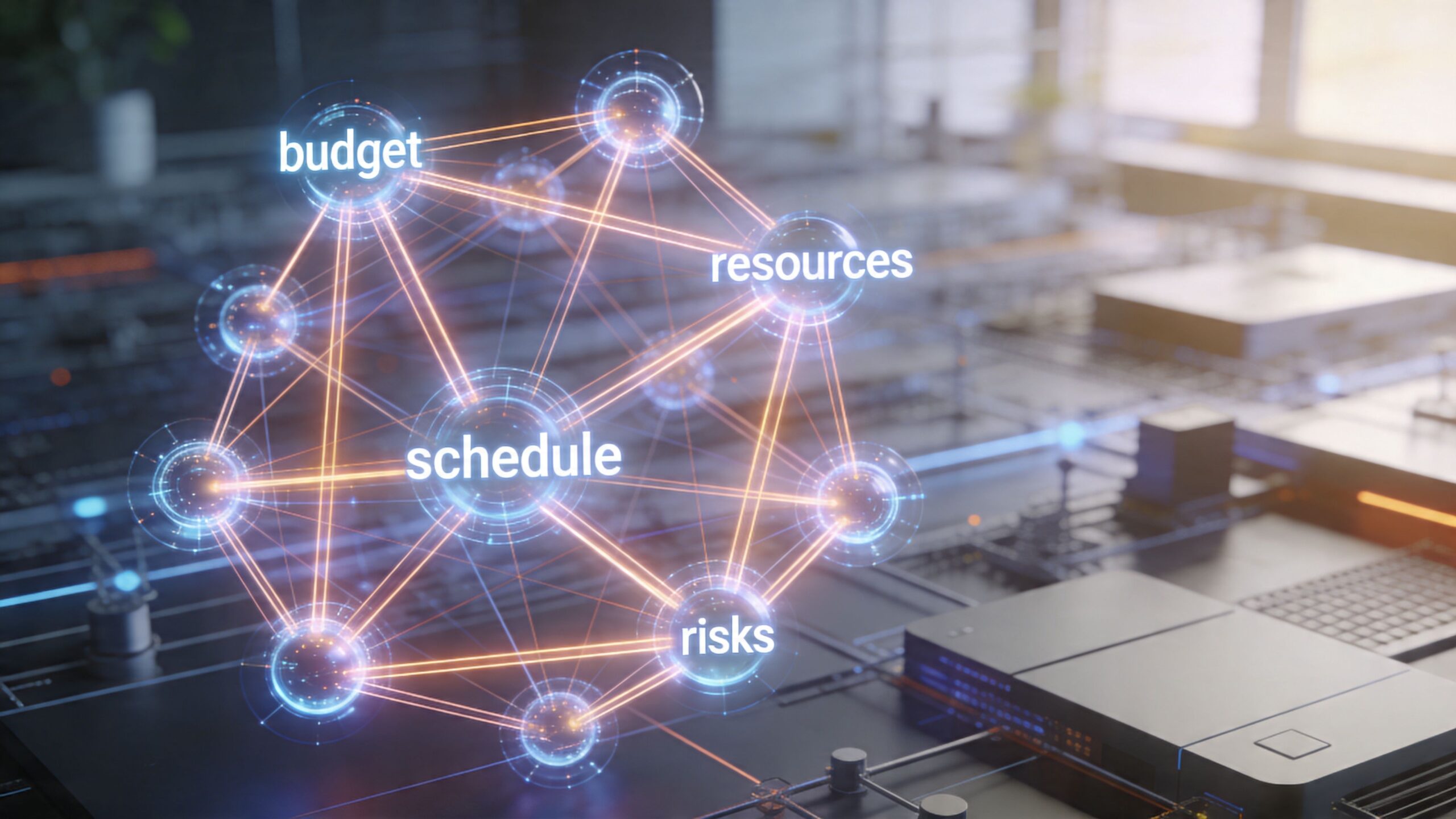 A 3D holographic digital projection showing interconnected project management nodes like budget, schedule, resources, and risks over hardware.
