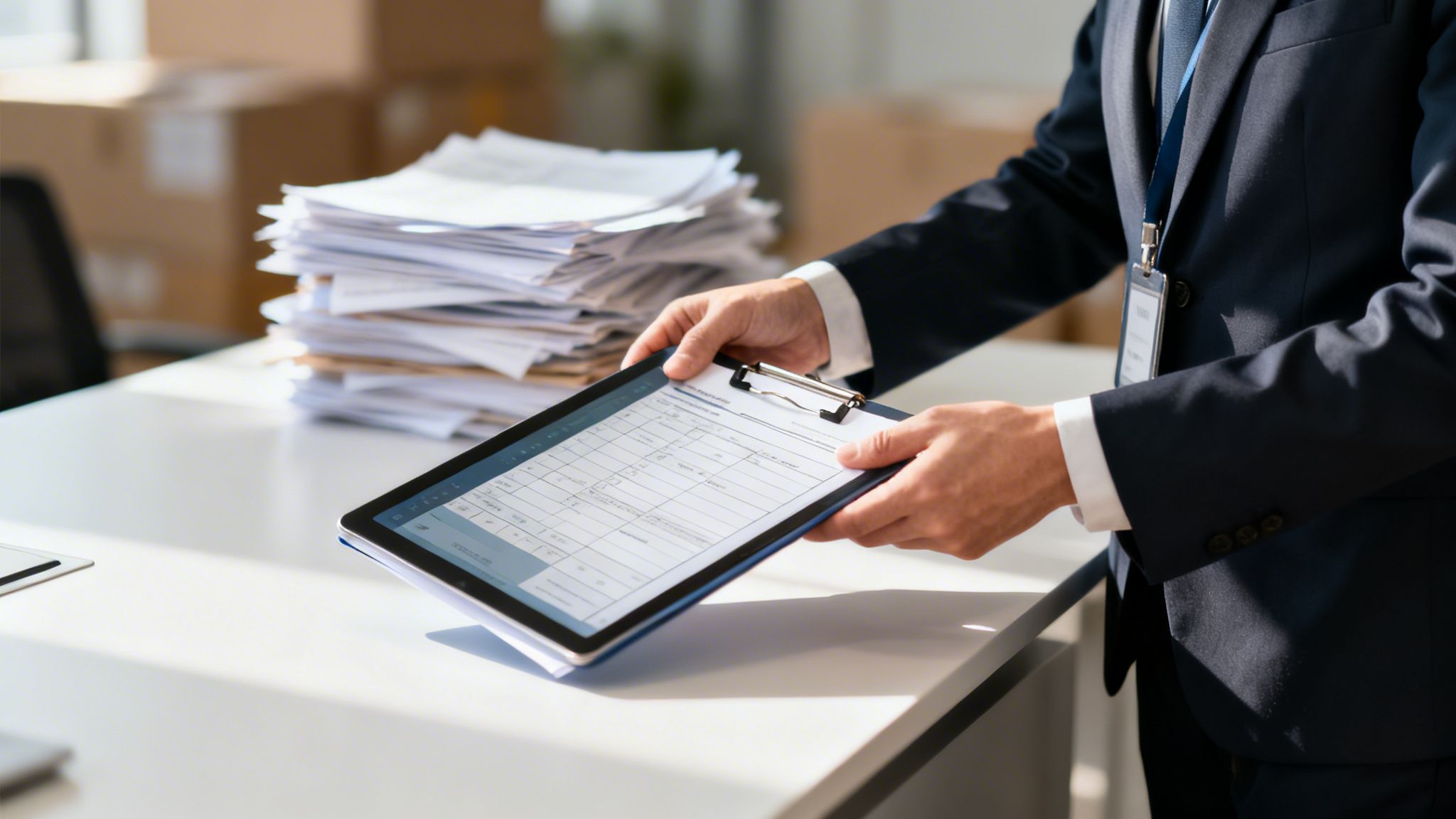 A professional in a business suit holding a clipboard with inventory forms in an office setting.