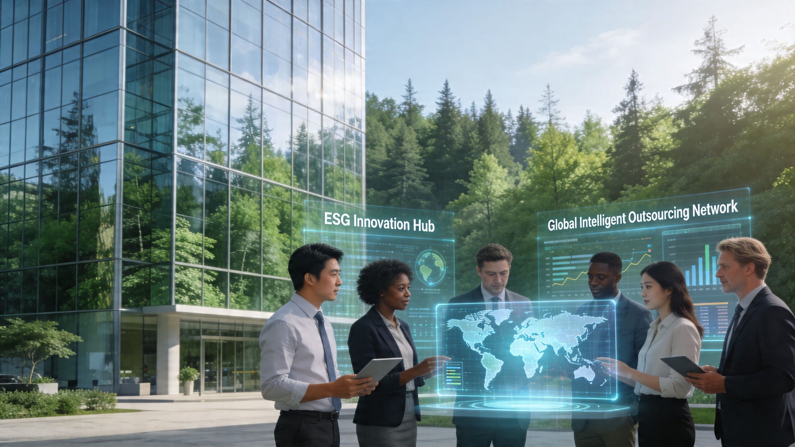 A professional team of diverse business people interacting with glowing holographic business data displays in front of a modern building.