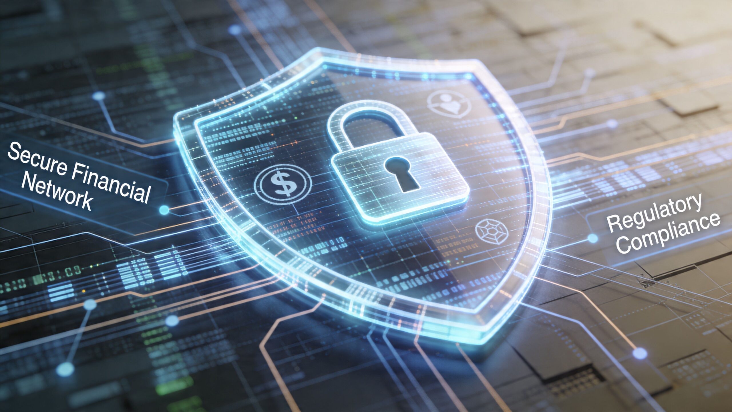 A digital shield symbol protecting a financial network, representing cybersecurity and regulatory compliance in modern finance.