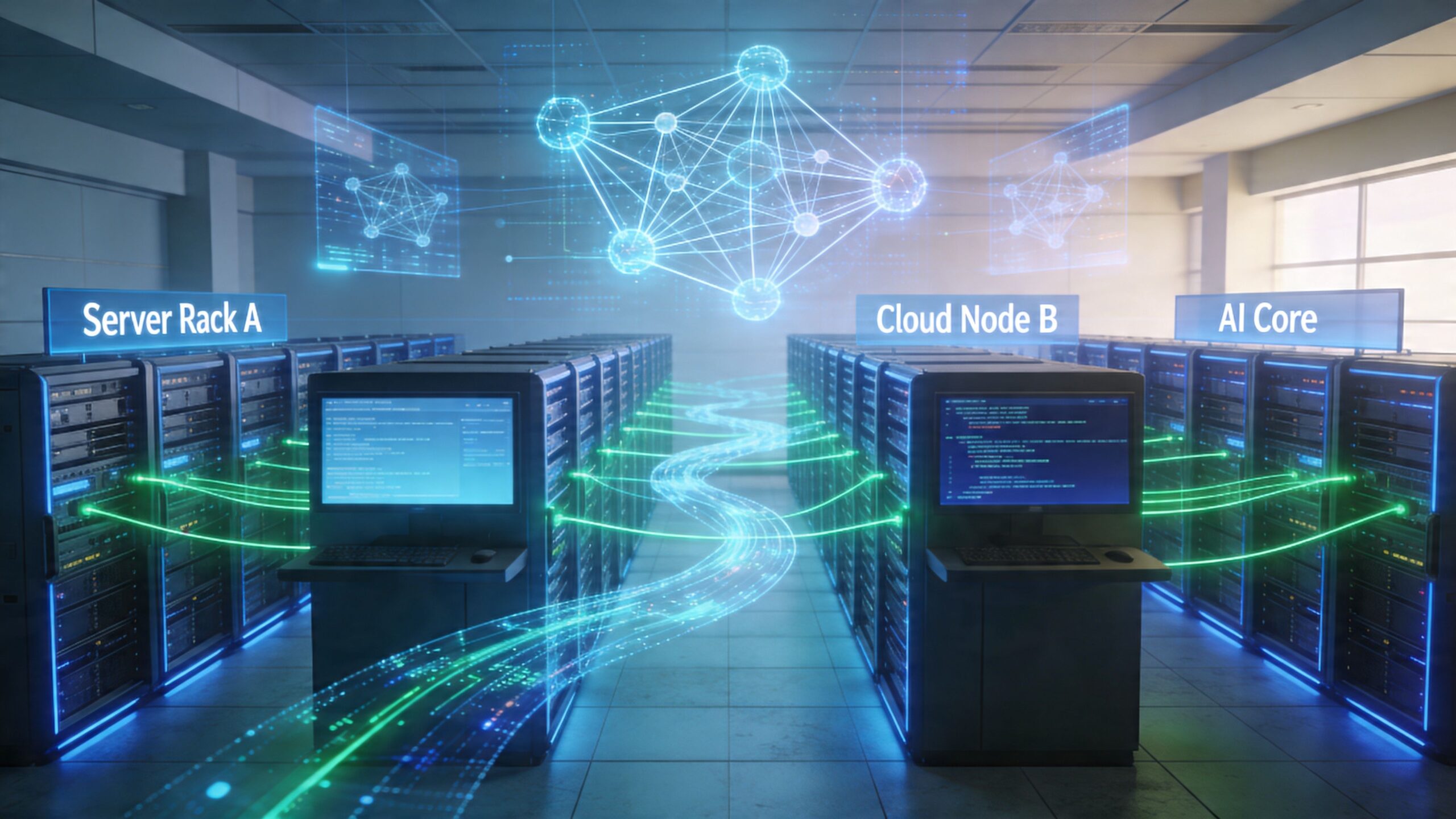 A futuristic data center featuring server racks, glowing network connections, and digital AI core visualizations.