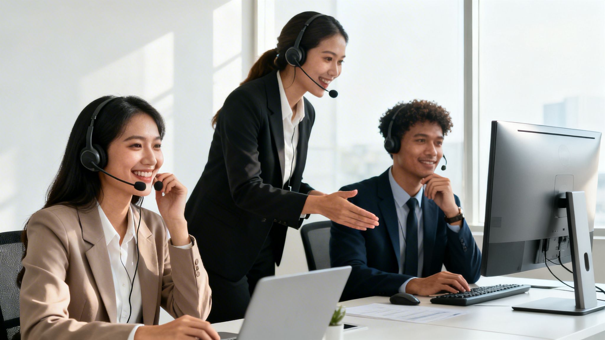 A diverse team of customer service agents working together in a professional office environment using headsets.