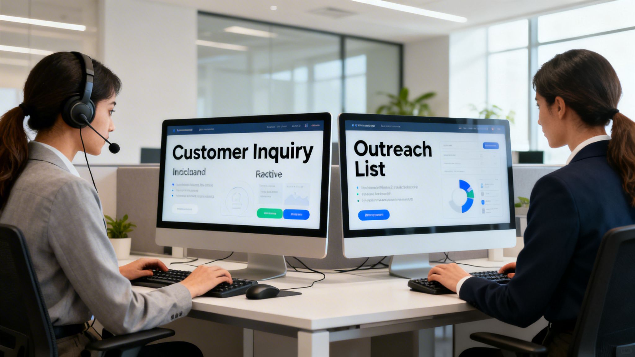 Two professional women working at computers in an office, managing customer inquiries and outreach lists.