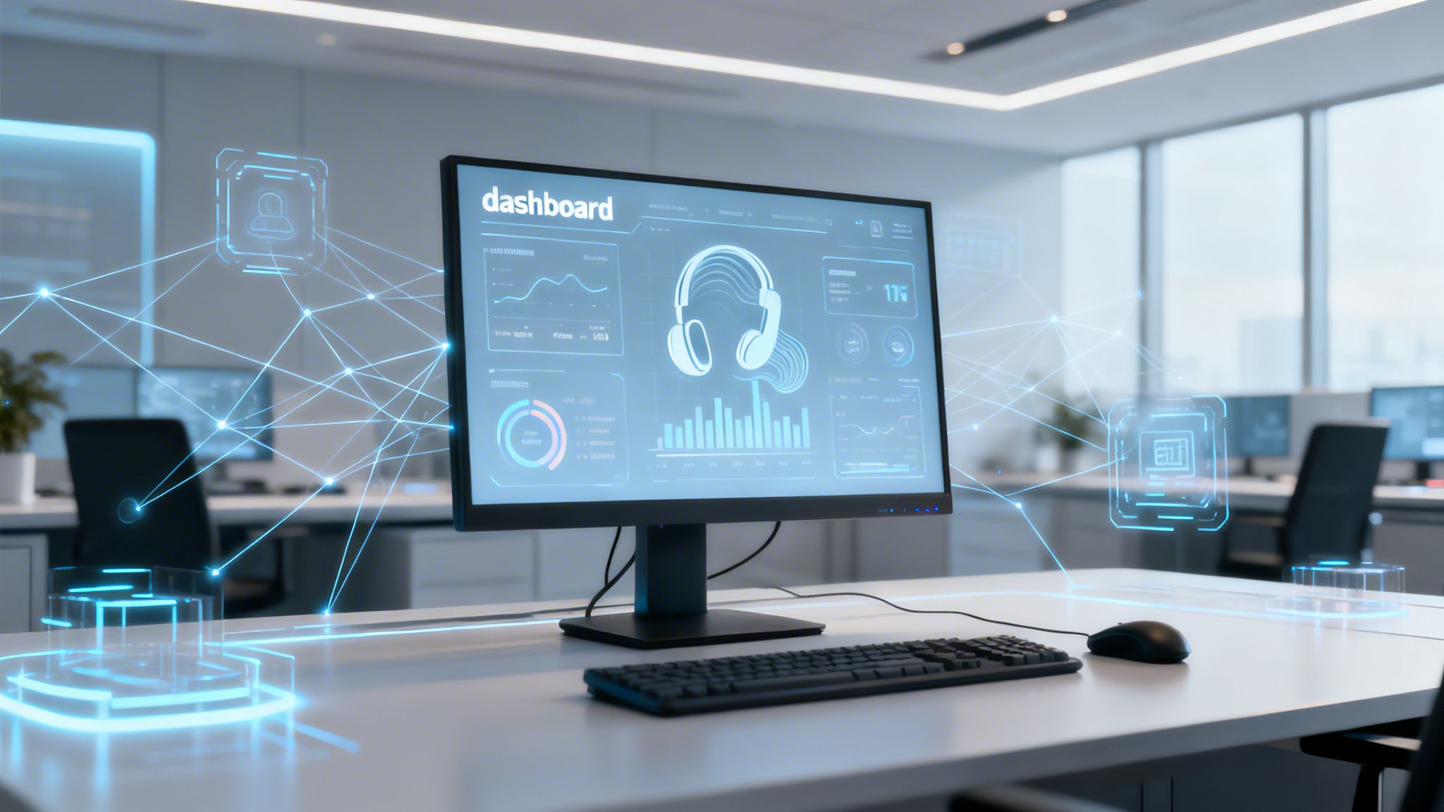A modern office computer monitor displaying a futuristic data dashboard with networking graphics and a headset icon.