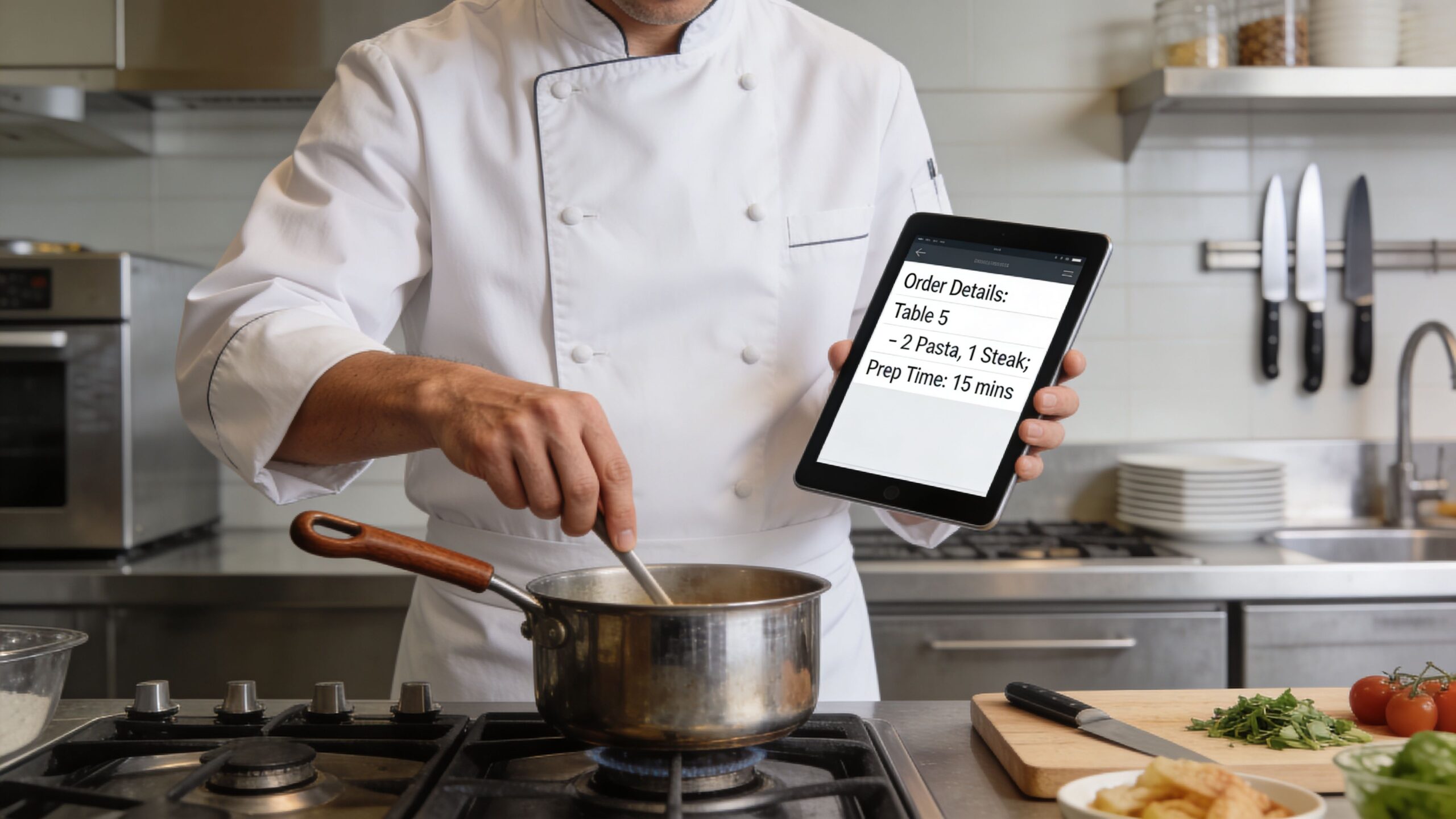 A professional chef cooking in a commercial kitchen while holding a tablet displaying digital order details.